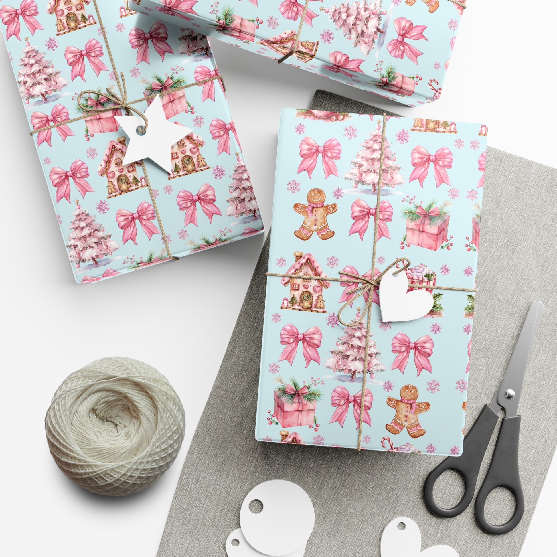 Coquette Pink Gingerbread House Man Wrapping Paper with Adorable Pink Bows Perfect for Whimsical Christmas Gift Wrap | Festive Holiday Present Wrapping Sheets - MRSBYVALLE