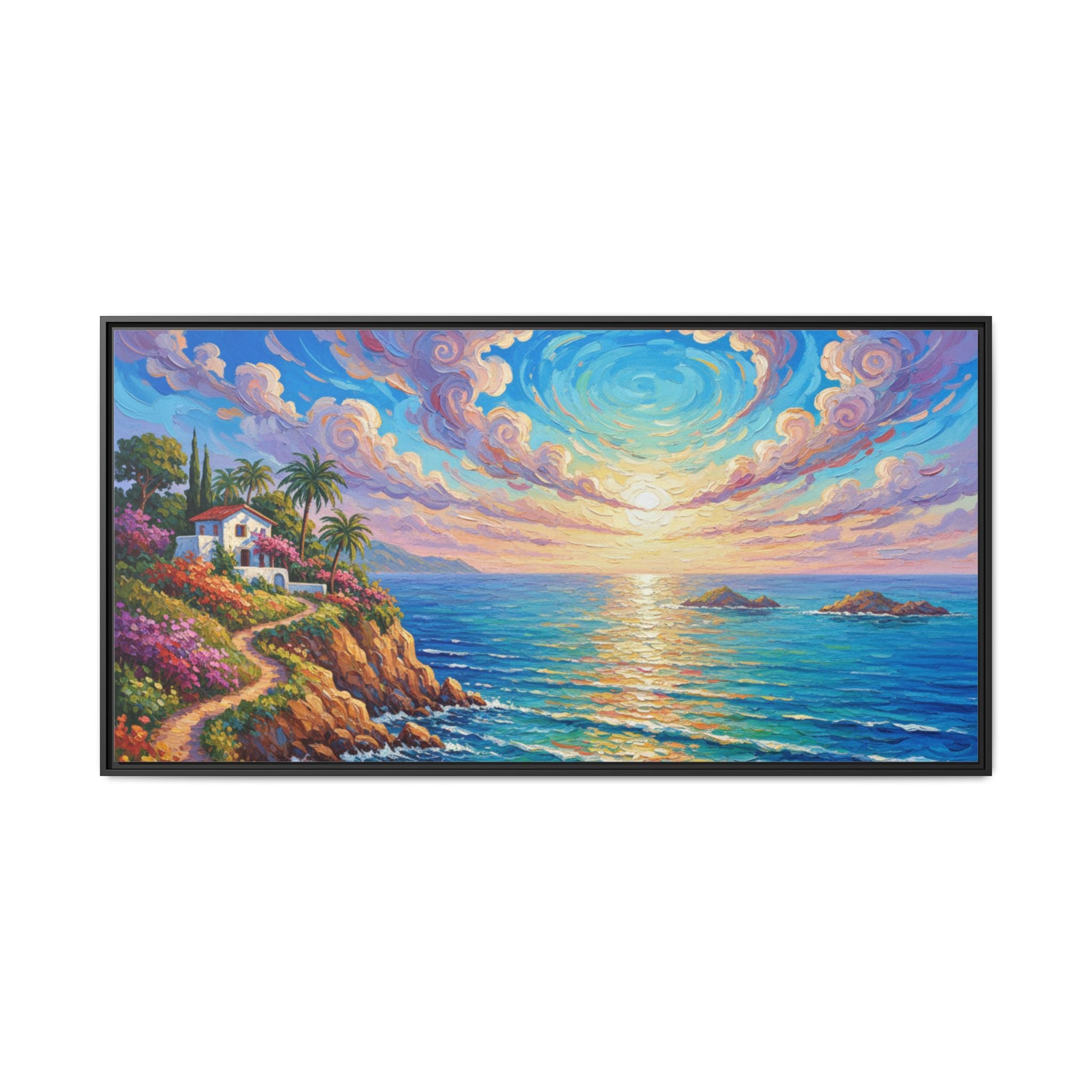 Ocean Floral Print Canvas | Bright Colorful Seascape Wall Art, Framed Matte Office Art Work