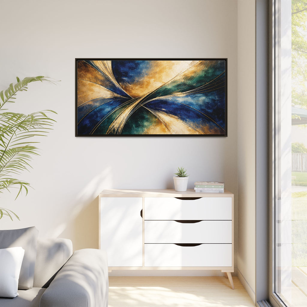 Gilded Convergence  Luxe NeoDeco Blue & Gold Abstract Wall Art Framed