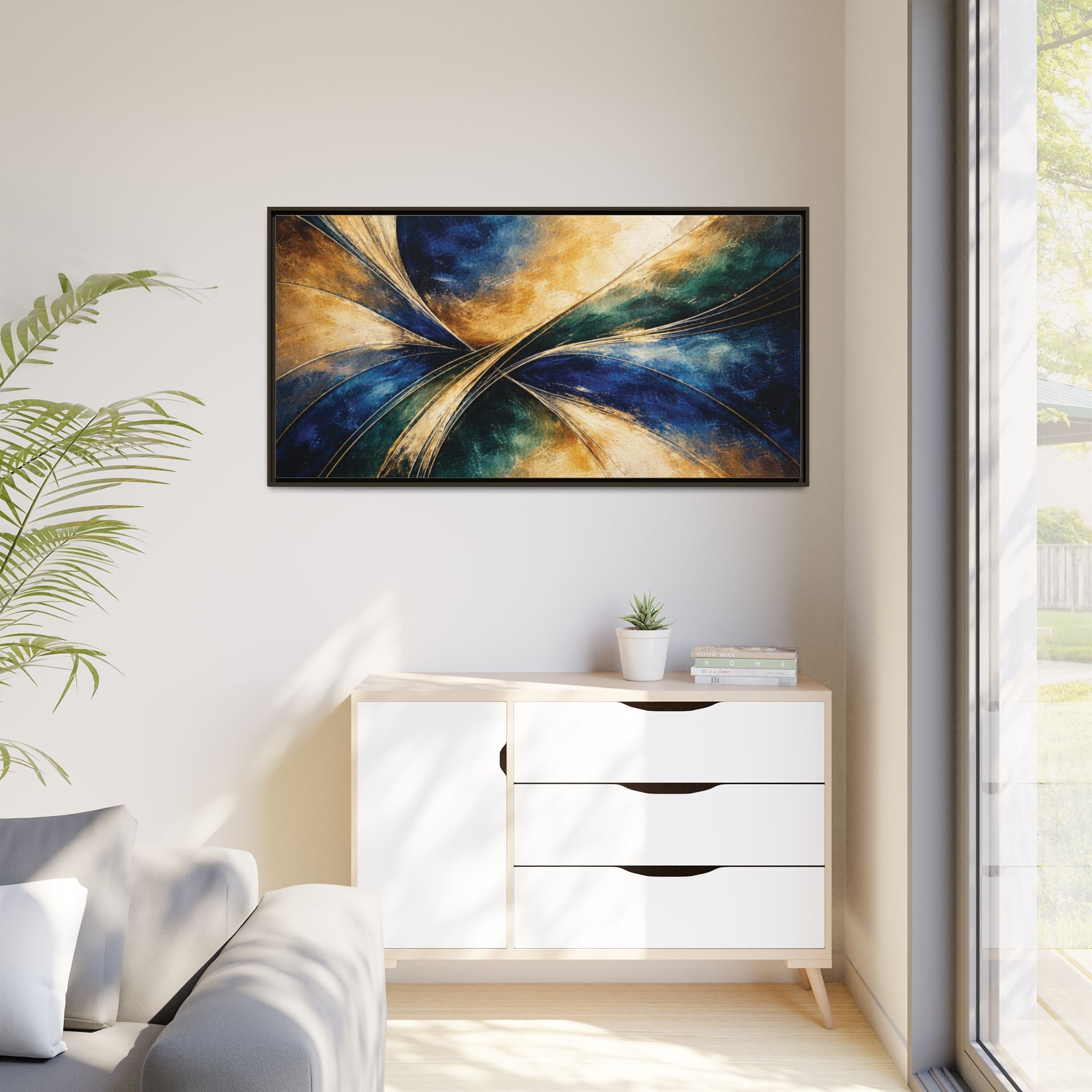 Gilded Convergence  Luxe NeoDeco Blue & Gold Abstract Wall Art Framed