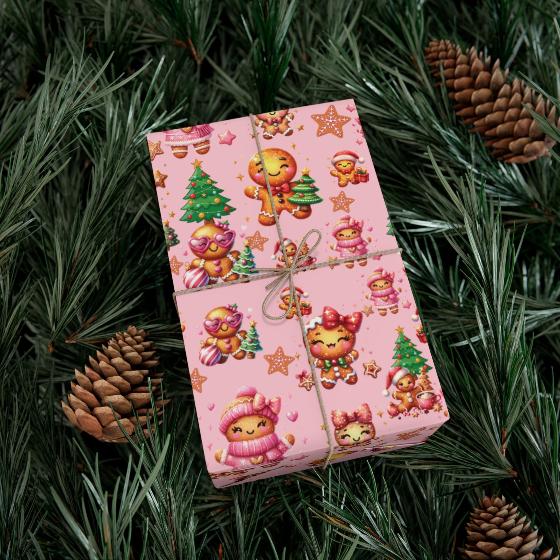 Pink Gingerbread Girls Christmas Wrapping Paper Cute Holiday Gift Wrap for Her, Festive & Whimsical Packaging for Xmas, Baby Showers Birthdays 3 SizesPerfect for Seasonal Gifting