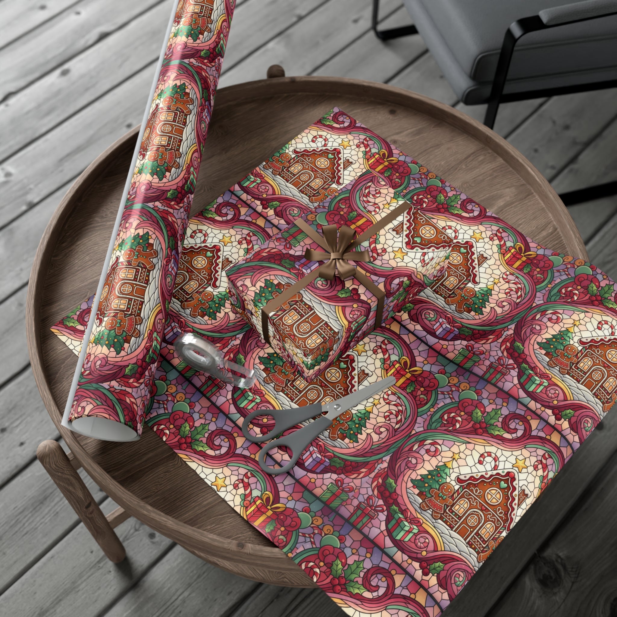 Stained Glass Gift Wrap Papers, Gingerbread House and Family Design - Wrapping Sheets, Festive Holiday Craft Supplies, Christmas Decoration