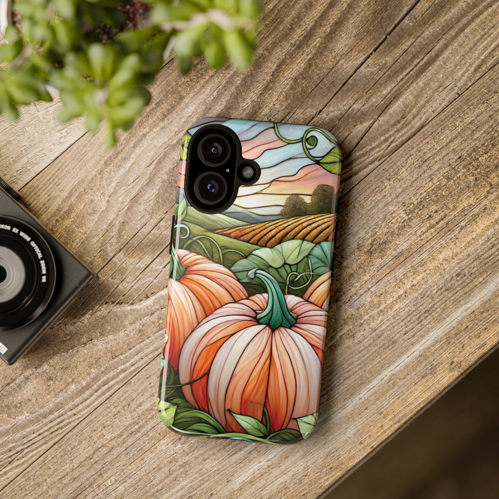 Pumpkins Phone Case Fall Faux Stained-Glass Thanksgiving Cover Pumpkin Lovers Gift for Galaxy S 24 23 22 21 Pixel 5 6 7 8 iPhone 17 , 16 15 14 13 12 Samsung iPhone Samsung Gift for Her