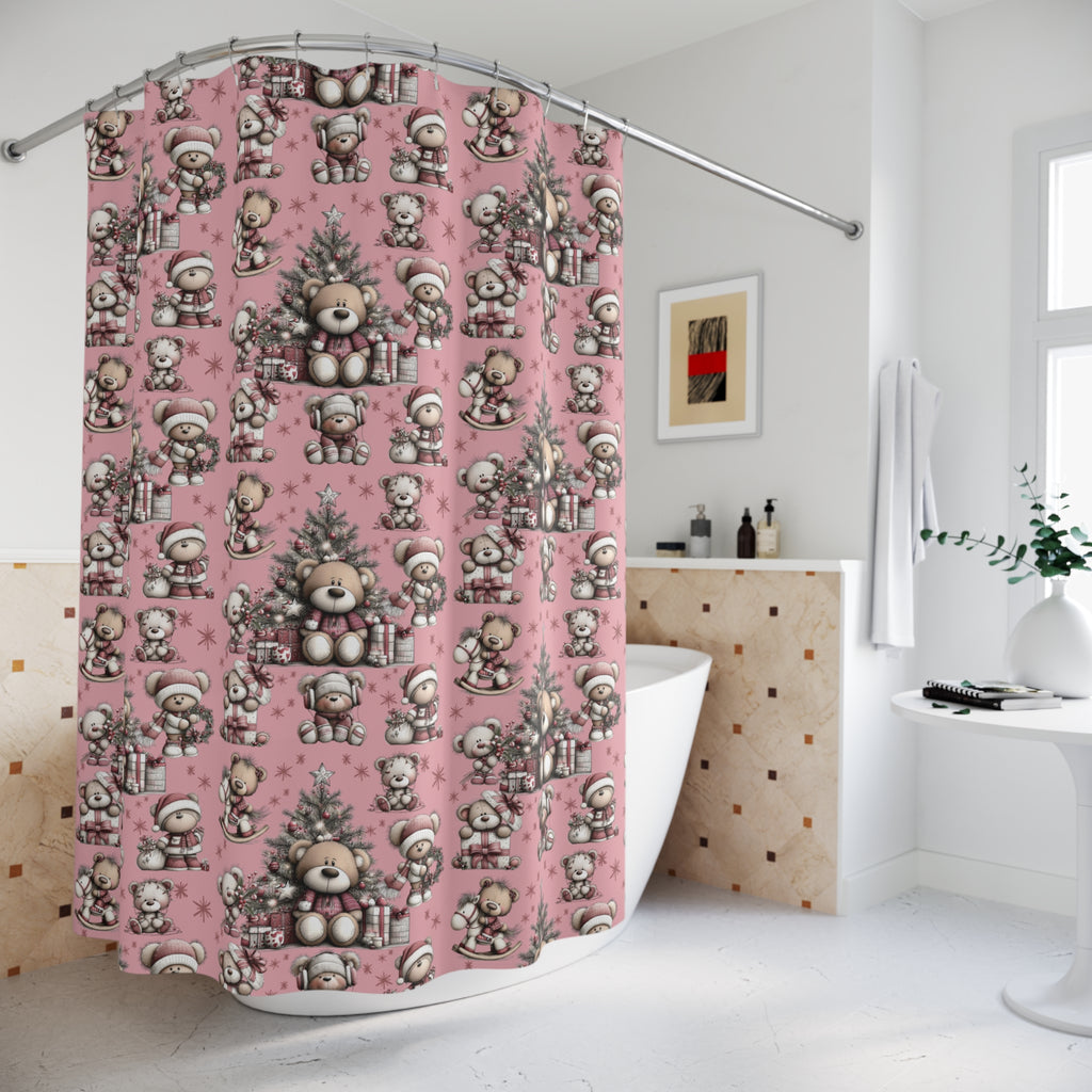 Whimsical Pink Teddy Bear Shower Curtain | Cute Holiday Bathroom Decor Gift
