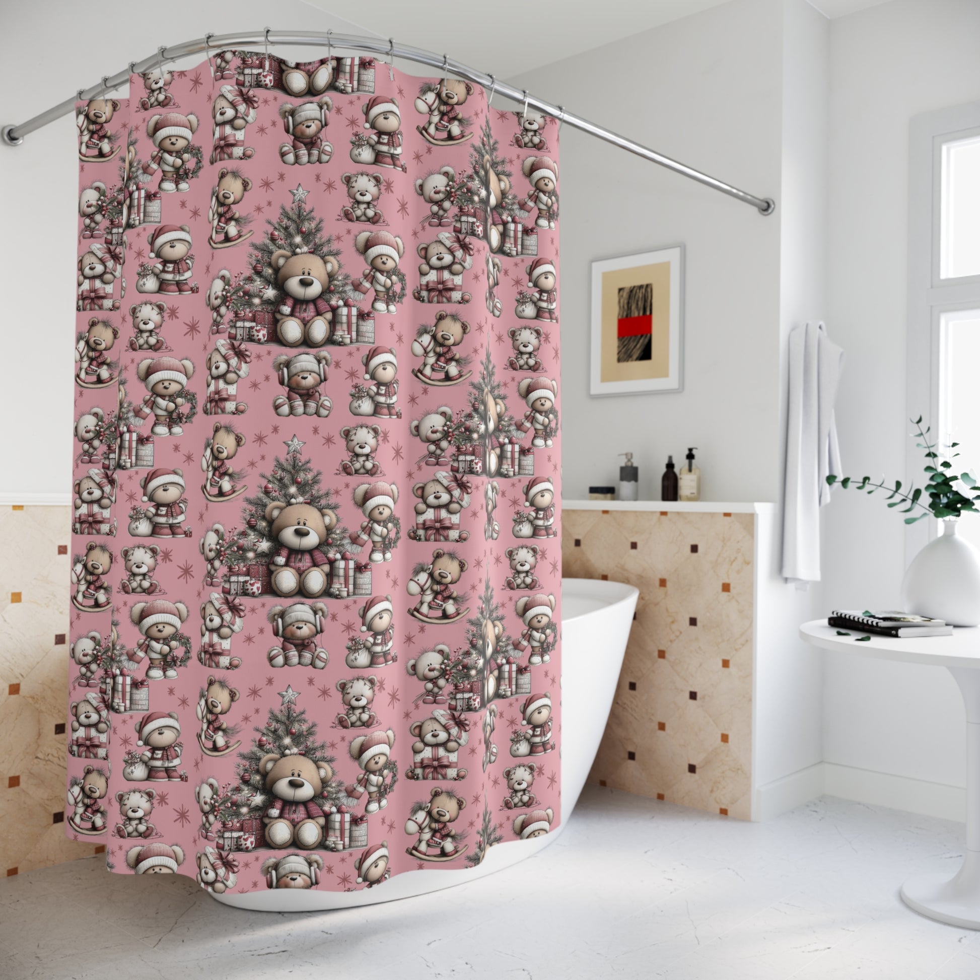 Whimsical Pink Teddy Bear Shower Curtain | Cute Holiday Bathroom Decor Gift