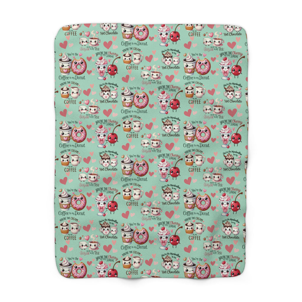 Sherpa Fleece Blanket Snuggle Up with Kawaii Charm Featuring Cute Coffee Donuts – 'You're My Cream to My Coffee' Perfect for Cozy Moments & Gift Giving