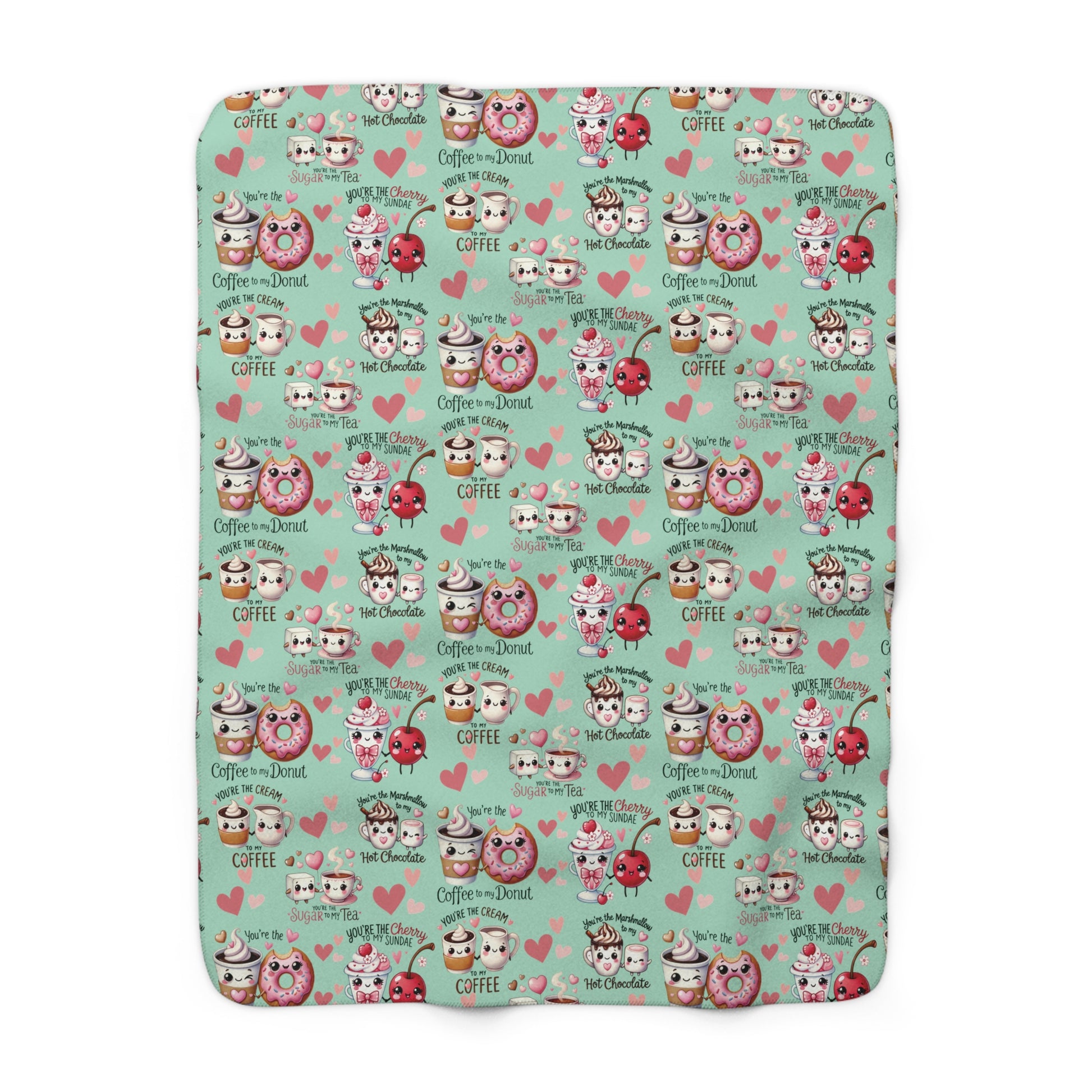 Sherpa Fleece Blanket Snuggle Up with Kawaii Charm Featuring Cute Coffee Donuts – 'You're My Cream to My Coffee' Perfect for Cozy Moments & Gift Giving
