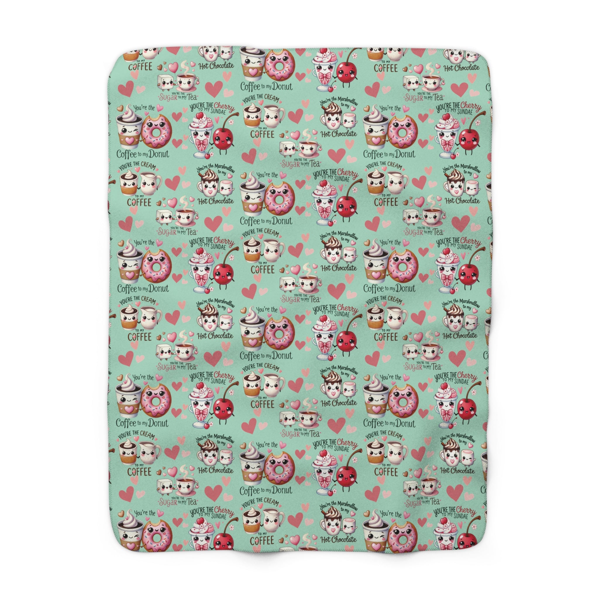 Sherpa Fleece Blanket Snuggle Up with Kawaii Charm Featuring Cute Coffee Donuts – 'You're My Cream to My Coffee' Perfect for Cozy Moments & Gift Giving