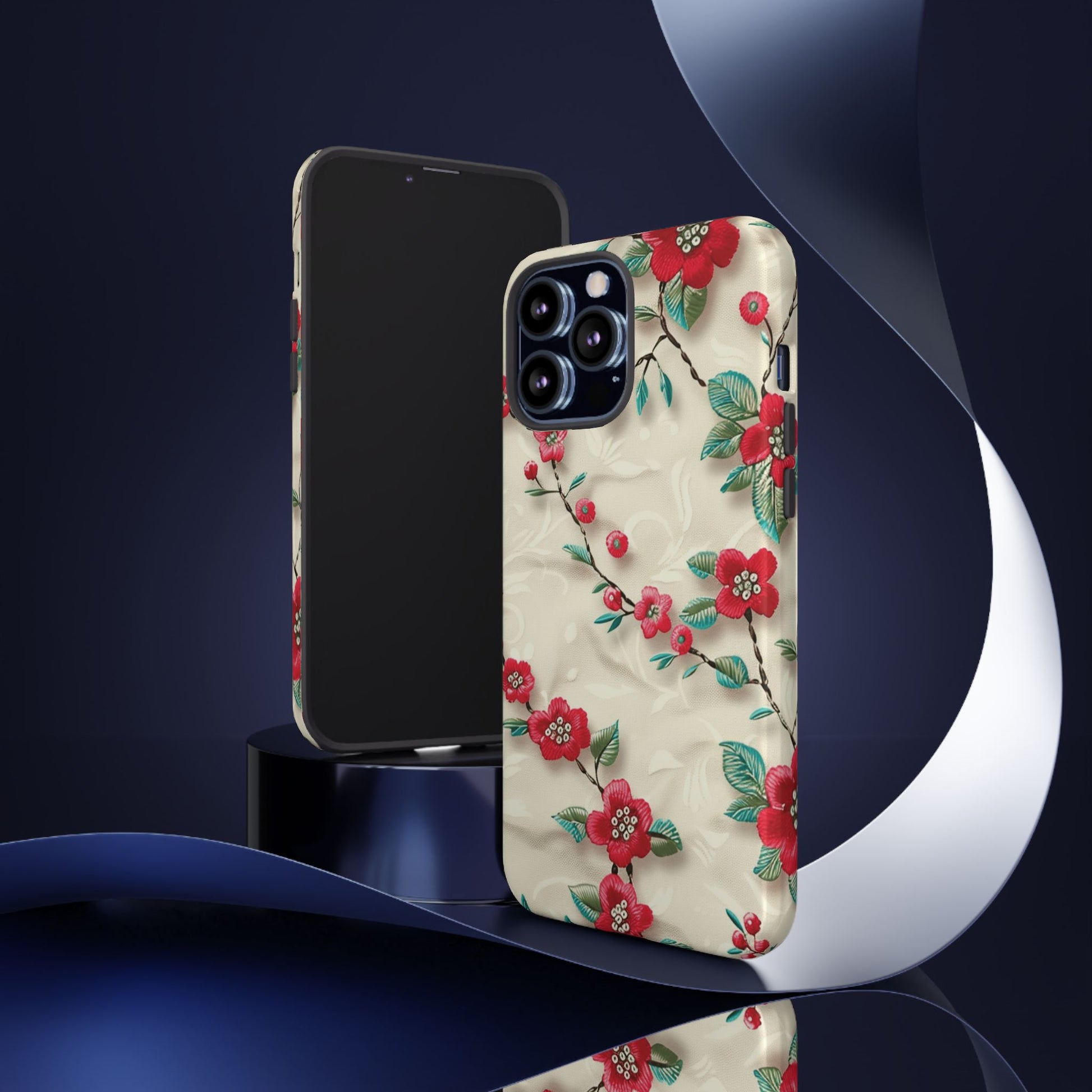 3D Embroidery Illusion Red Flowers Phone Case for iPhone, Samsung Pixel Artistic Floral Protection 15 14 13 12, 21 23 Gift for Her Perfect for Floral Lover
