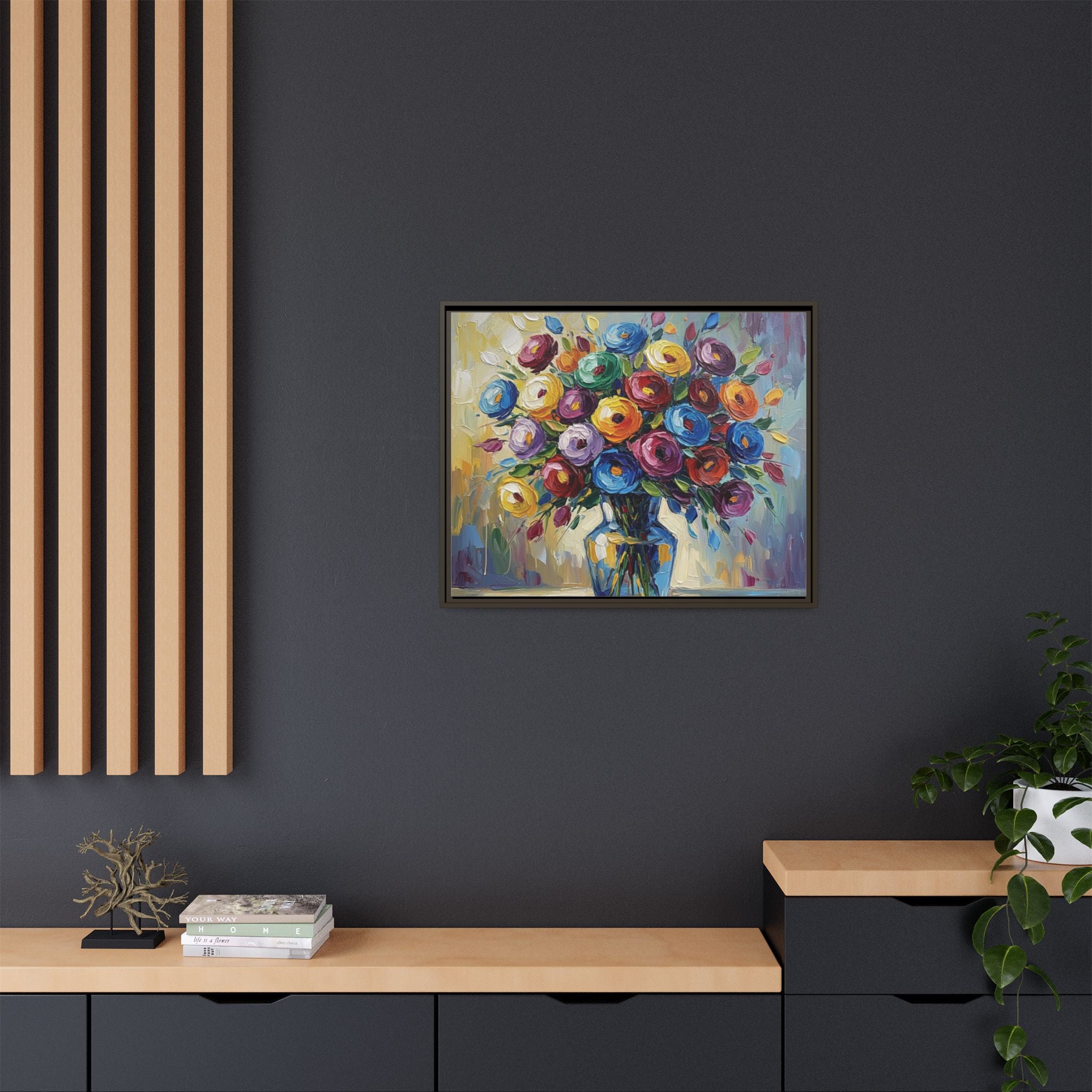 Impression sur toile bouquet floral aquarelle - Tableau mural encadré mat - Illusion de peinture à l'huile vibrante