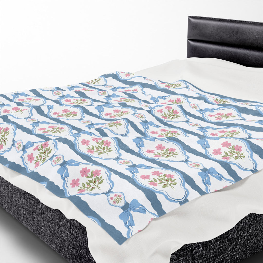 Couverture en peluche veloutée — Nœuds roses vintage et jeté romantique bleu
