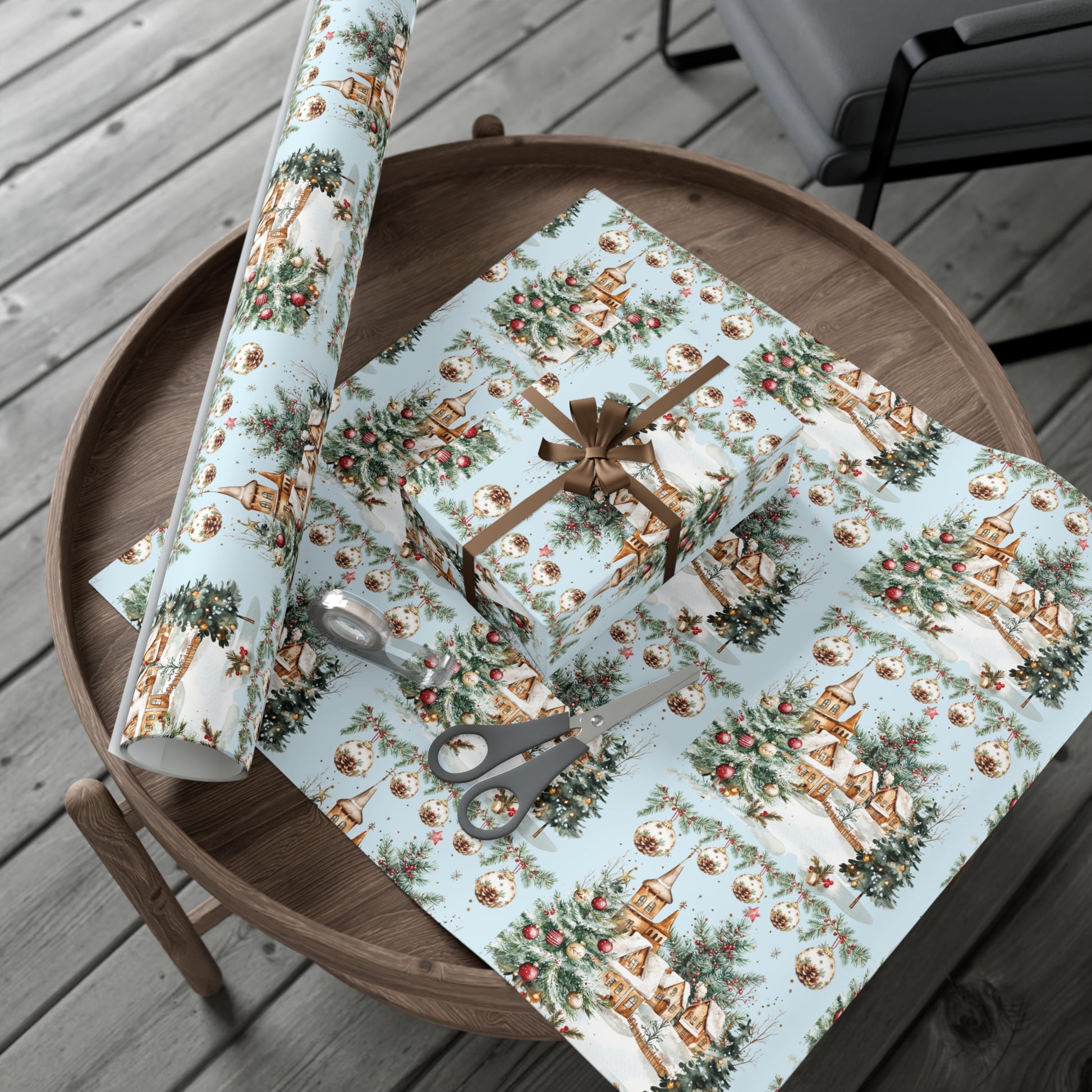 Christmas Watercolor House & Tree Wrapping Paper – Festive Holiday Scenes in Elegant Watercolors, Perfect for Wrapping Gifts with Cozy, Seasonal Charm All Gifts - MRSBYVALLE