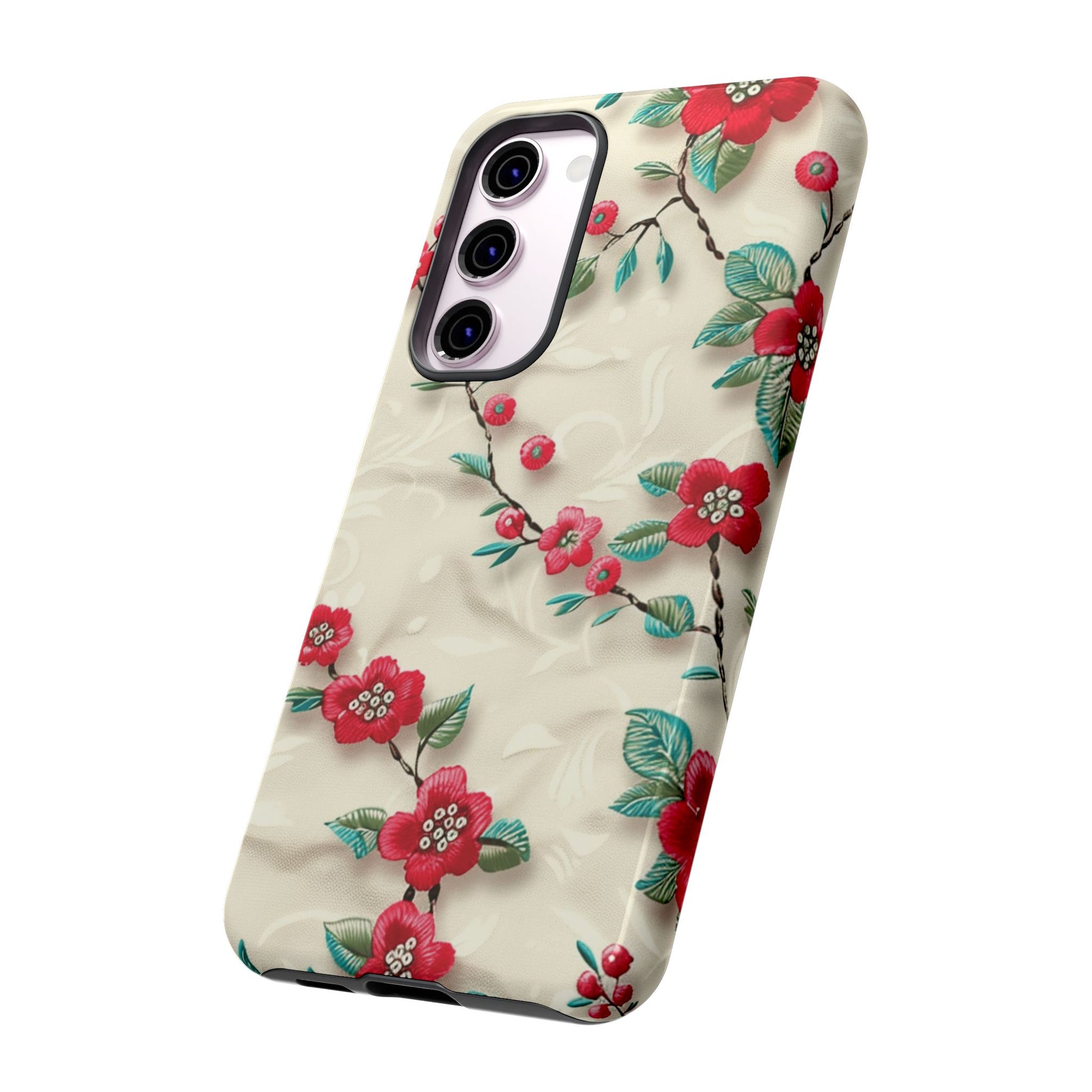3D Embroidery Illusion Red Flowers Phone Case for iPhone, Samsung Pixel Artistic Floral Protection 15 14 13 12, 21 23 Gift for Her Perfect for Floral Lover