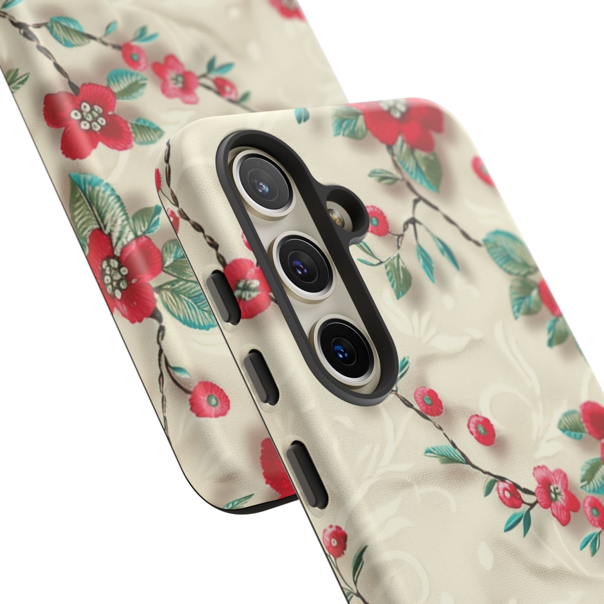 3D Embroidery Illusion Red Flowers Phone Case for iPhone, Samsung Pixel Artistic Floral Protection 15 14 13 12, 21 23 Gift for Her Perfect for Floral Lover