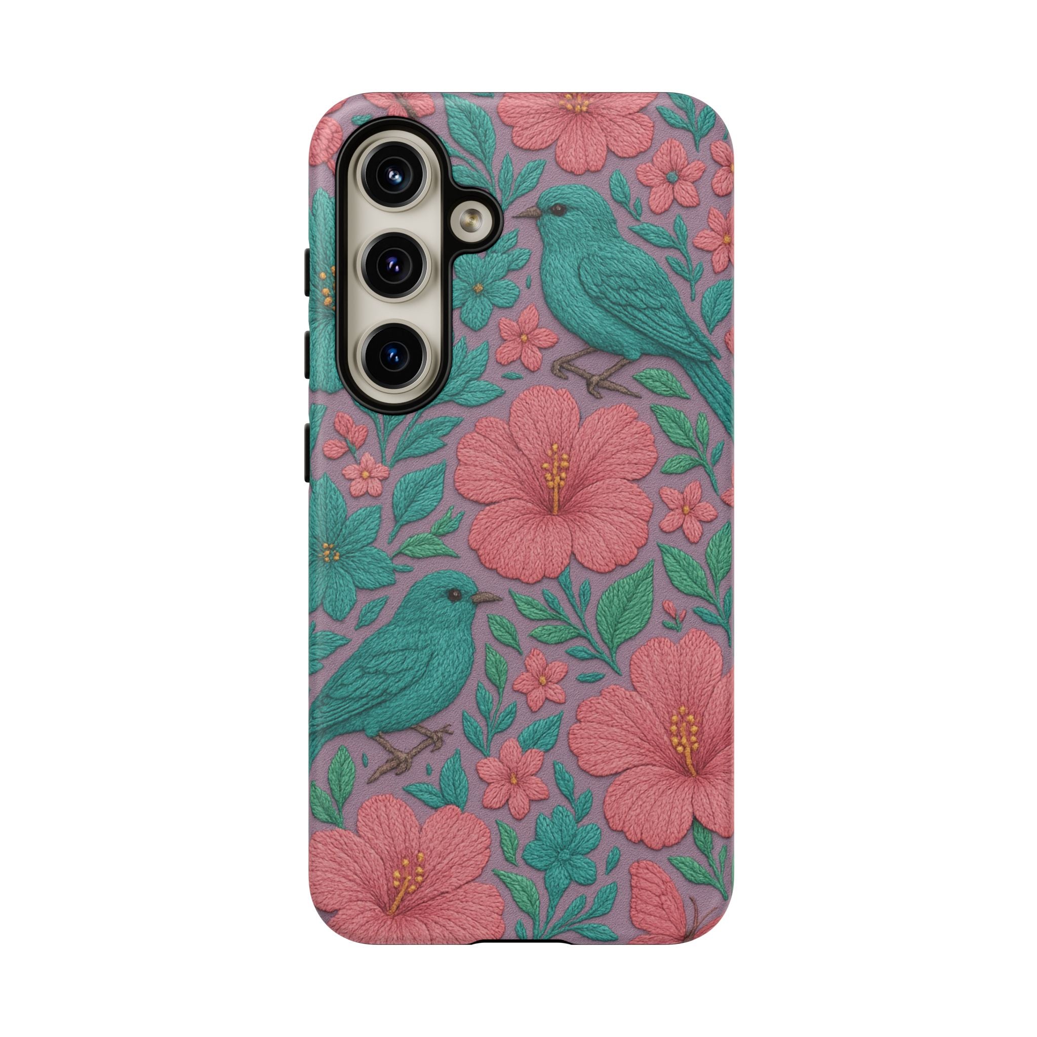 Turquoise, Pink and Lavender 3D Embroidery Illusion Phone Case Tropical Flowers, Birds & Butterflies Cover with Bold, Realistic Floral Texture iPhone, Samsung