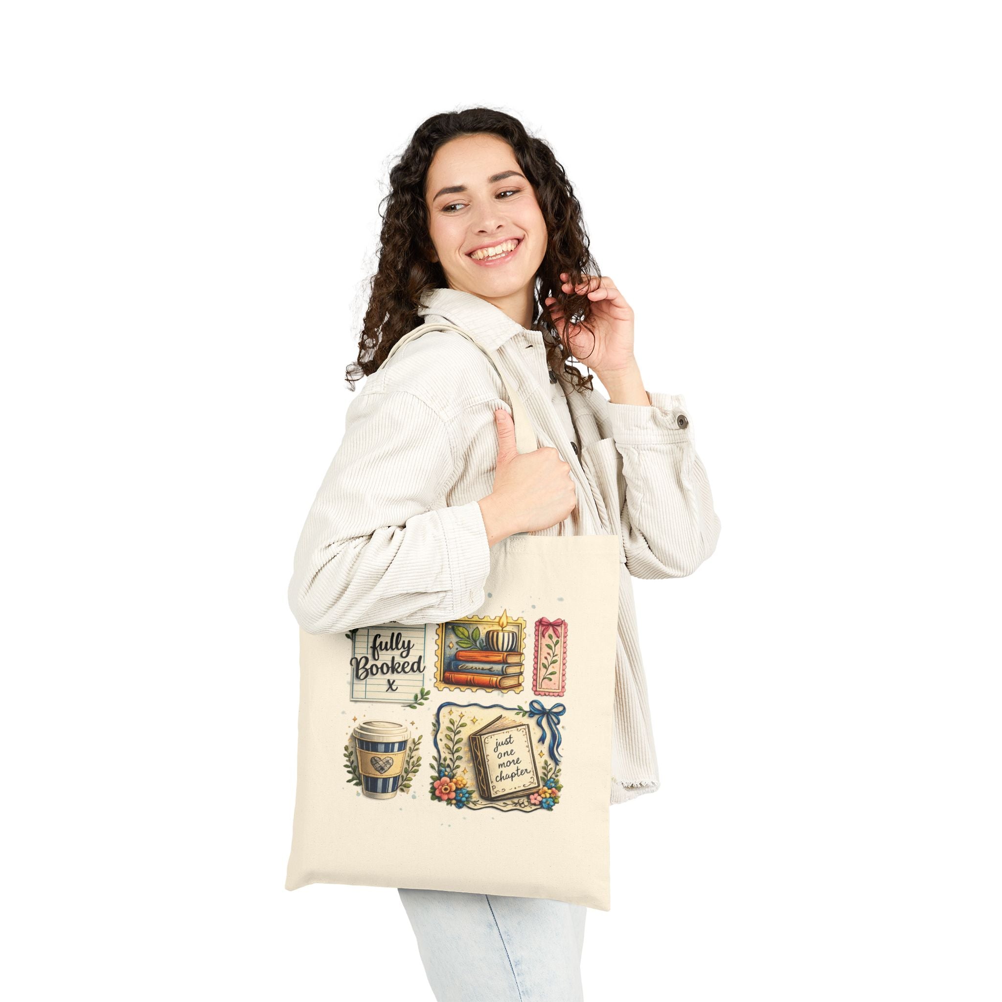 Tote Bag — "Fully Booked" Book Lover Canvas Tote with Stack of Books, Coffee & Floral Bookmark