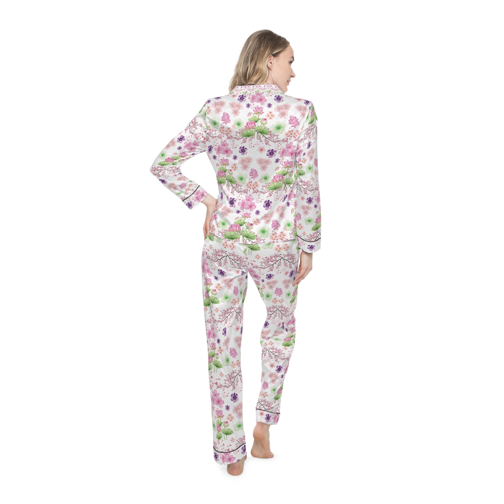 Pink and Mint Green Floral Luxury Women’s Satin Pajamas  Soft Silk-Feel Sleepwear & Chic Loungewear Set Christmas Gift,  Christmas Morning Outfit Perfect Gift
