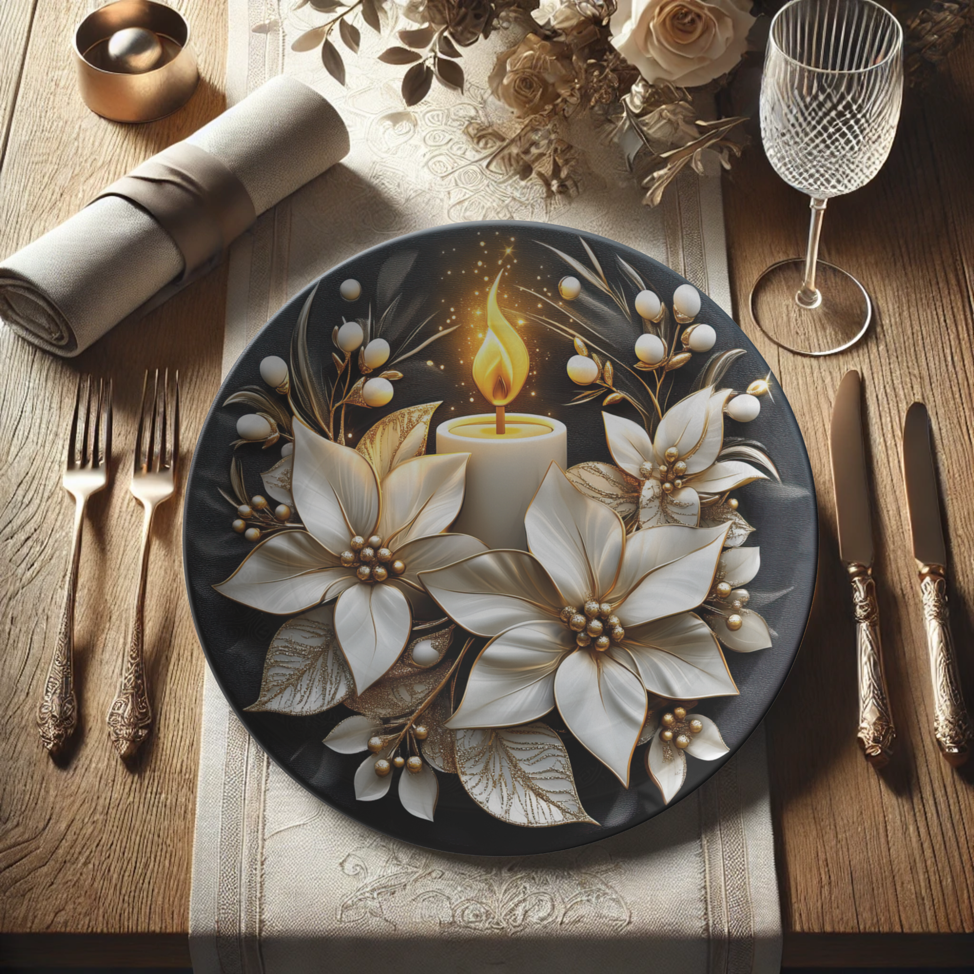 Elegant 10-Inch Christmas Candle Plate Gold & Black Festive Holiday Decor, Perfect for Christmas Table Settings Unique Gift Ideas - MRSBYVALLE