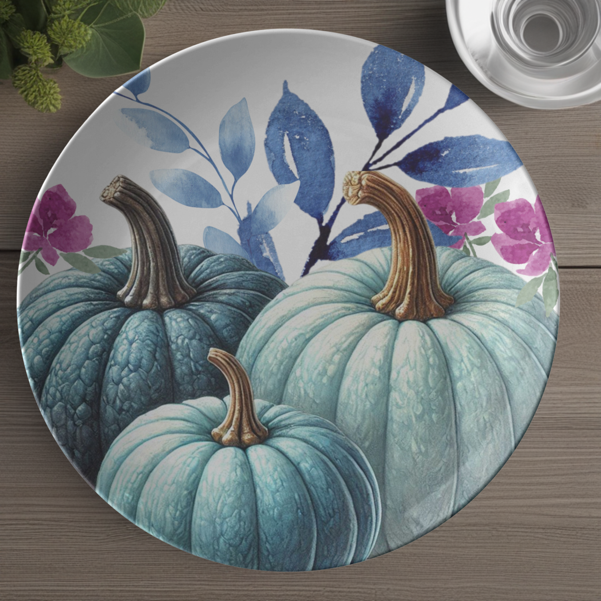 Elegant Fall Blue Pumpkins 10 Inch Decorative Plate Perfect for Autumn Home Décor, Thanksgiving Table Settings, Seasonal Parties, and Stylish Kitchen Accents - MRSBYVALLE