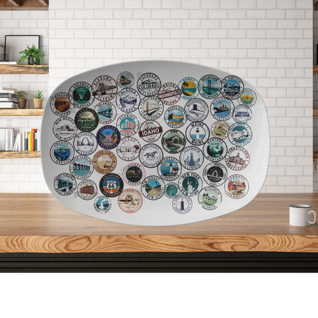 Vintage 50 States Stamps Platter (10x14) A Unique Handmade USA Souvenir, Perfect Kitchen Gift & Americana Decor for Travel Enthusiasts Gift for Mom