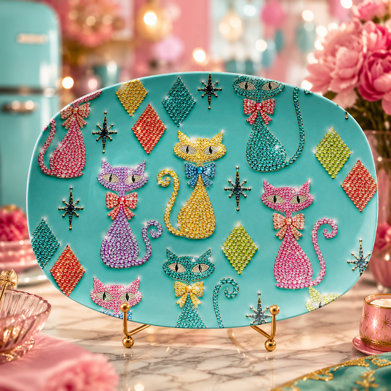 A turquoise oval decorative platter displayed on small gold stands, featuring colorful rhinestone-style cat and diamond motifs in pink, yellow, purple, teal, and orange, set against a softly blurred pink and pastel kitchen scene.