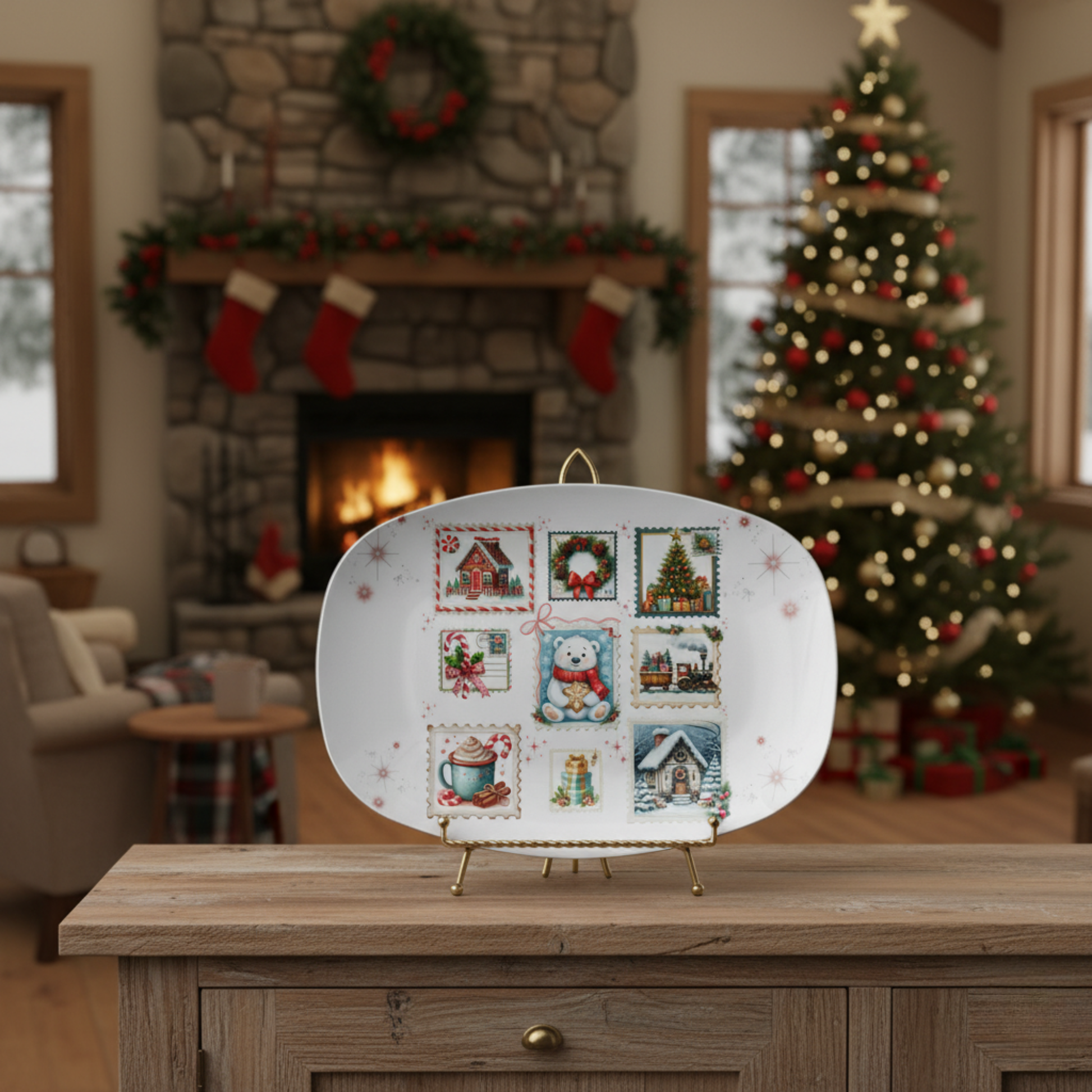 Vintage Postage Stamps Christmas Platter – Nostalgic Holiday Serving Dish
