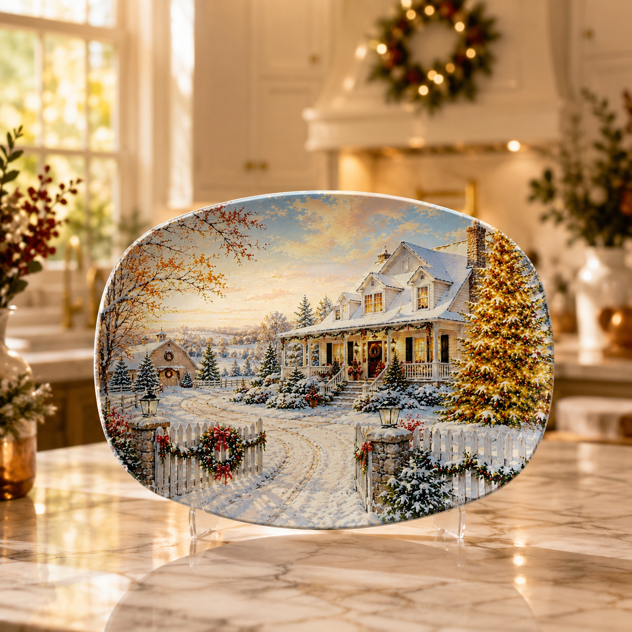 Vintage Farmhouse Winter Wonderland Serving Platter | Christmas Holiday Farmhouse Platter | Snowy Winter Scene Entertaining Tray