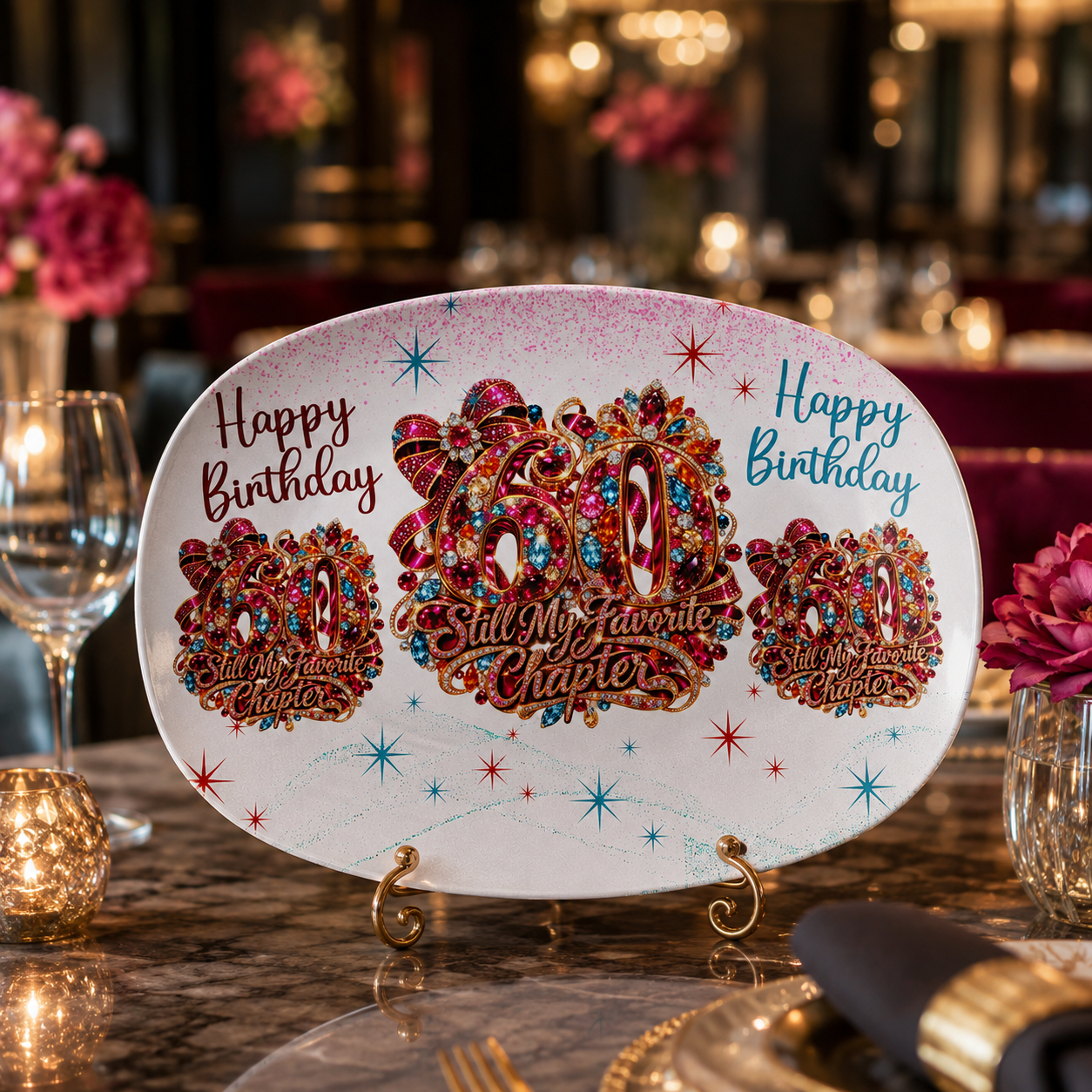 An oval white ceramic party plate displayed on a marble table in a restaurant setting. The plate features a colorful rhinestone-embellished central design with the words 'Still My Favorite Chapter' and 'Happy Birthday' written in script on either side, with three matching rhinestone-covered 'Happy Birthday' motifs along the bottom.