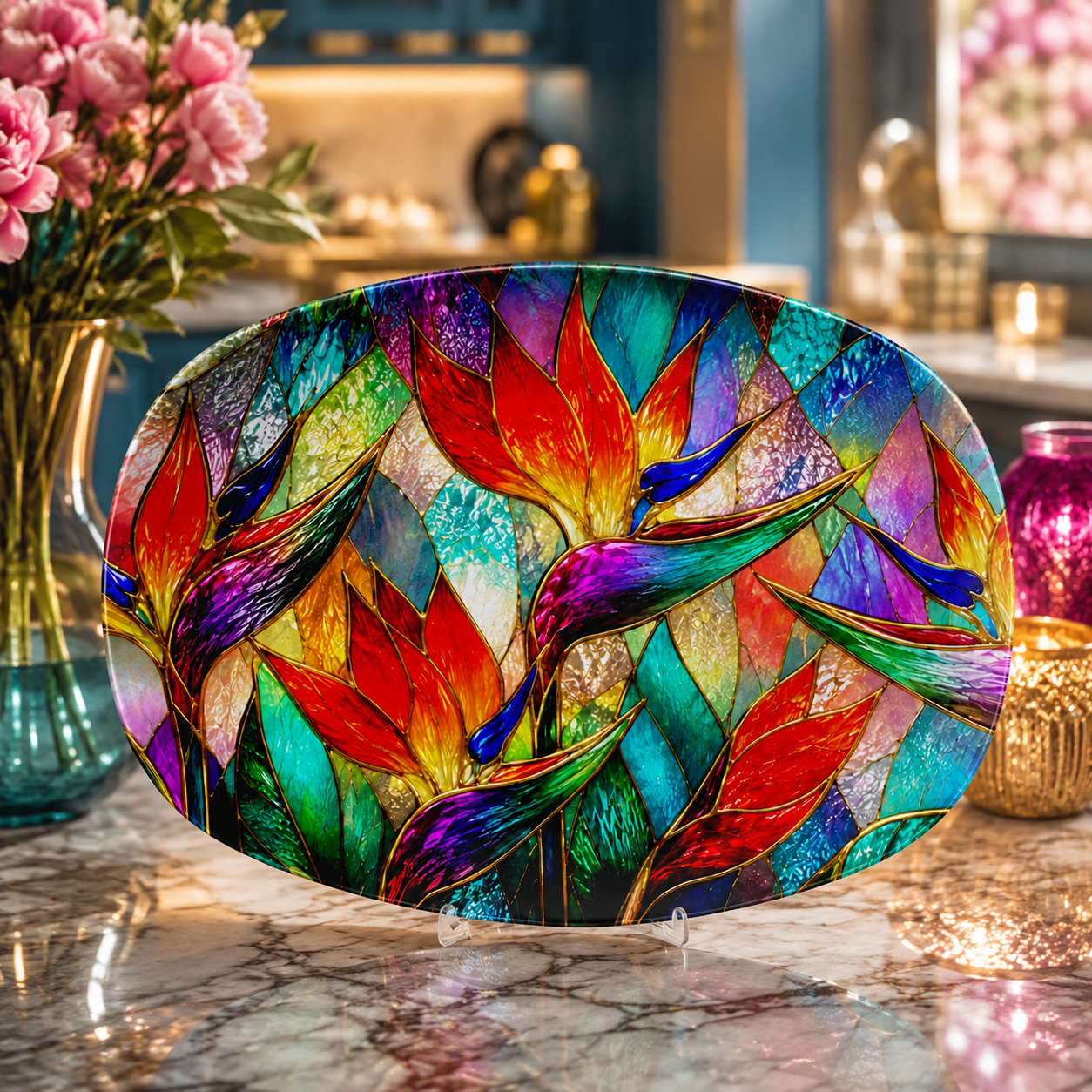 Bird of Paradise Stained Glass Illusion Serving Platter | Vibrant Tropical Floral Decorative Platter
