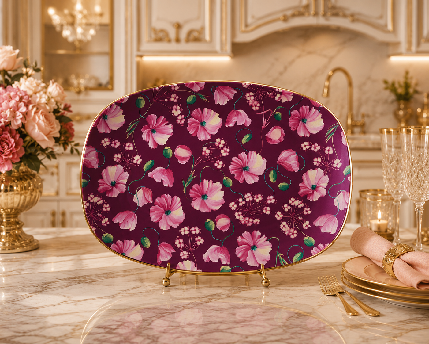 Luxury Wildflower Serving Platter | Elegant Pink Botanical Floral Platter Garden Party Hostess Gift Spring Table Decor