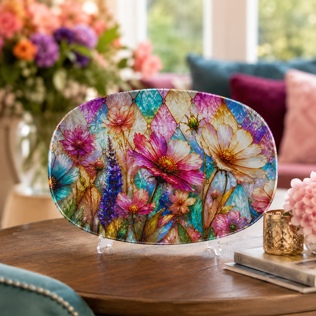 Pastel Prism Wildflowers Stained Glass Illusion Serving Platter | Iridescent Floral Platter