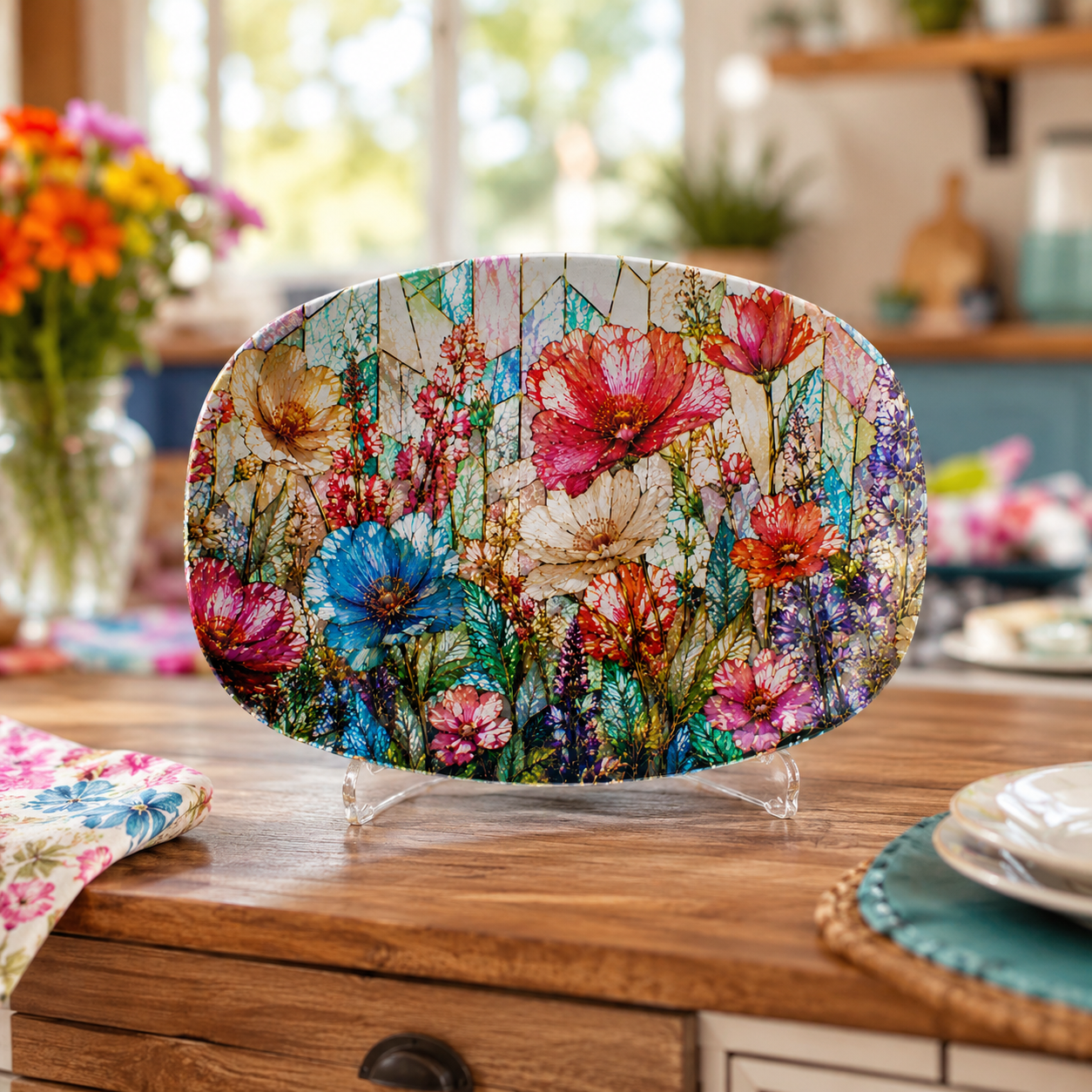 Stained Glass Illusion Wildflower Serving Platter | Colorful Floral Decorative Platter