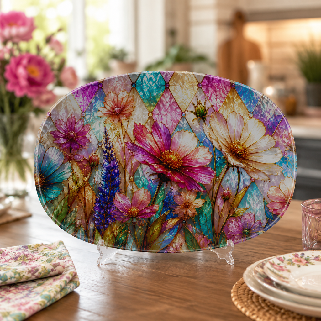 An oval decorative serving platter with a colorful floral print, displayed on clear acrylic stands on a wooden dining table in a kitchen setting.