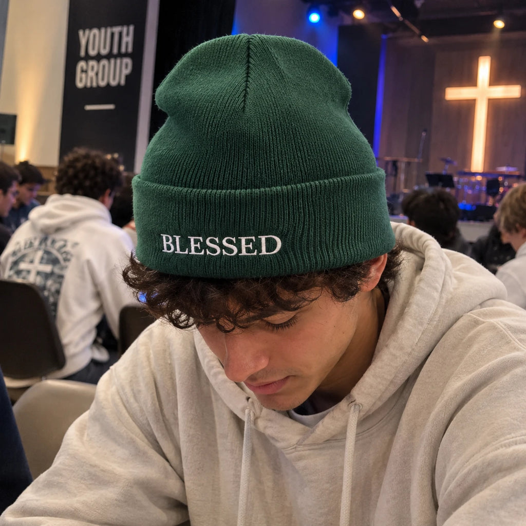 Christian Embroidered Beanie, Jesus, Blessed or Faith Cuffed Knit Winter Hat