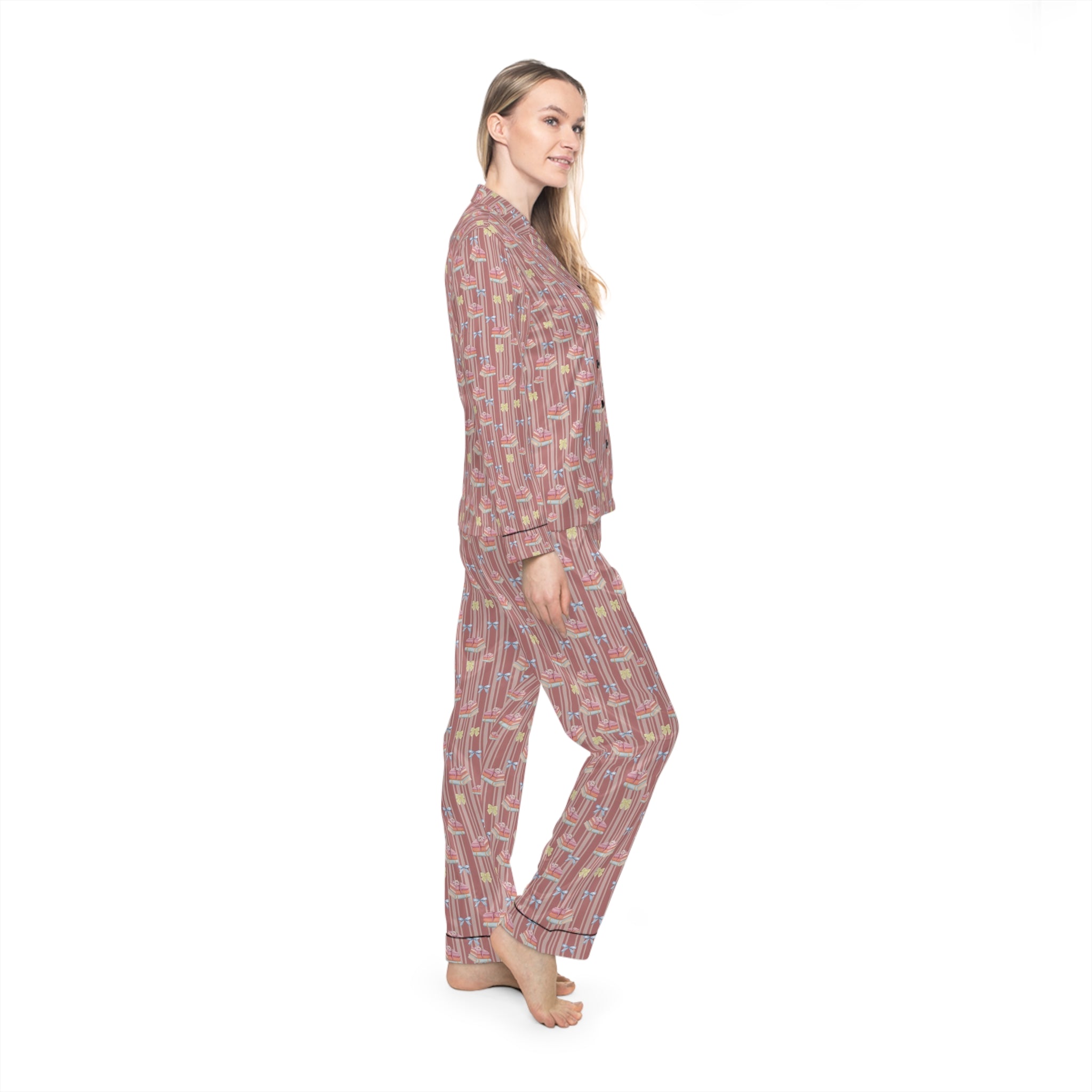 Satin Pajamas,Bookish with Bows Pajamas, Cozy Luxury Sleepwear Perfect Gift