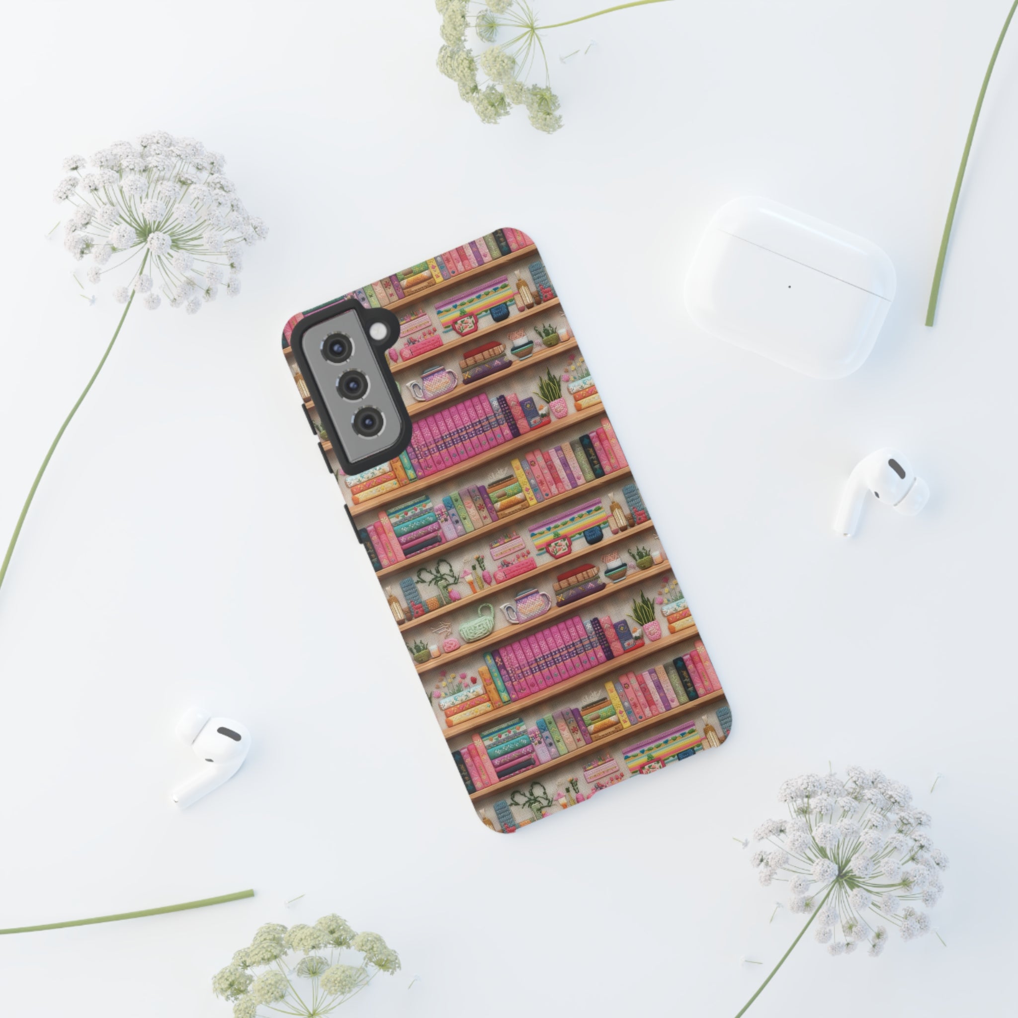 Phone Case 3D Illusion Books & Shelf Embroidery Design with Vibrant Colors Gift for Her Phone 15, Samsung iPhone Samsung Gift for Her Case iPhone 15, Samsung iPhone Samsung Accessory Gift for Her.