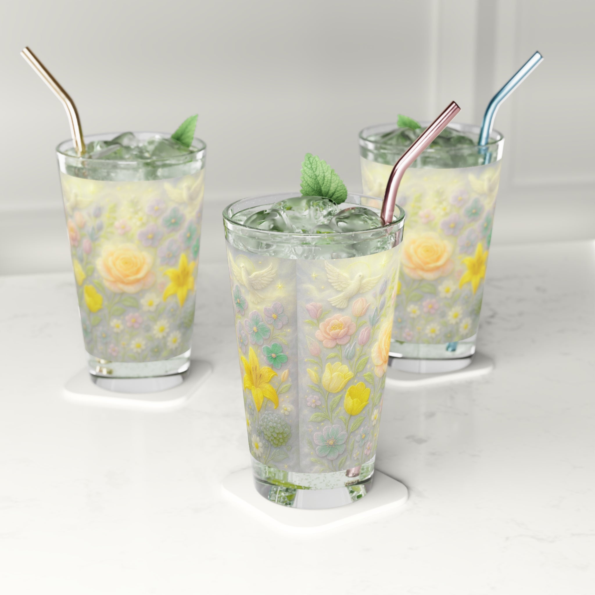 Pint Glass, Dove with 3D Illusion Pastel Flowers - Floral Design, Kitchen Decor, Housewarming Gift, Barware, Glassware, Home Accessories