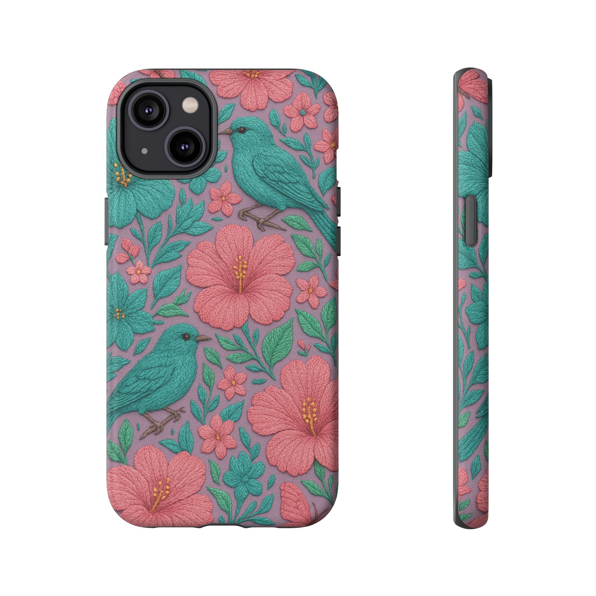 Turquoise, Pink and Lavender 3D Embroidery Illusion Phone Case Tropical Flowers, Birds & Butterflies Cover with Bold, Realistic Floral Texture iPhone, Samsung