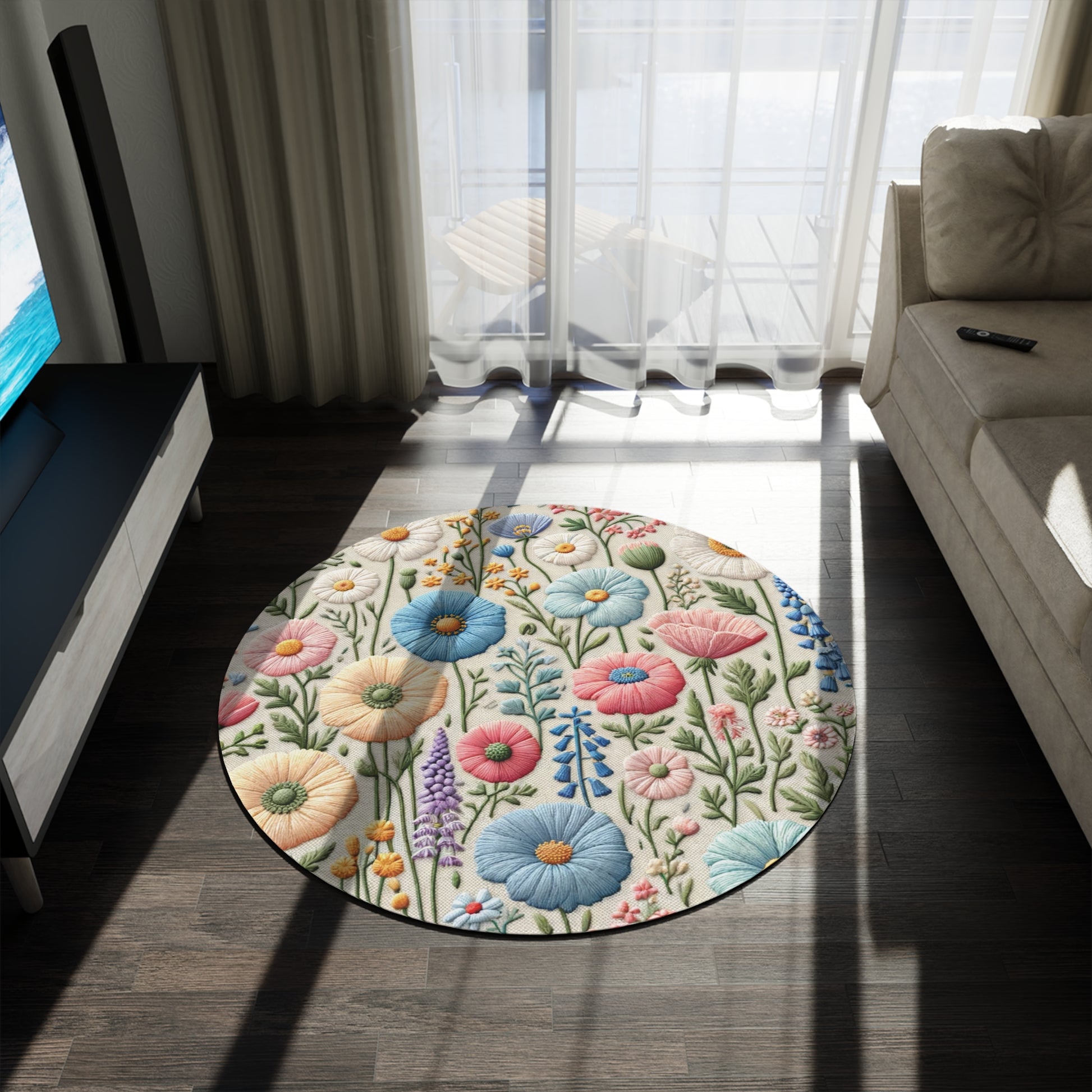 New House Elegant Floral Symphony Round Rug Ideal for Bedrooms, Hallways, and Home Offices Featuring Luxurious Design interior Livingroom.