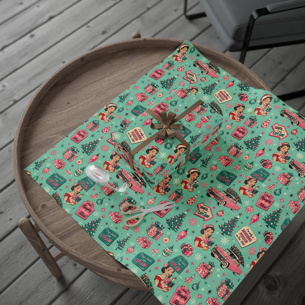 Funny Retro Christmas Wrapping Paper  Vintage Pink Holiday Gift Wrap  Mid Century Christmas Gifts Cute Nostalgic Xmas Paper