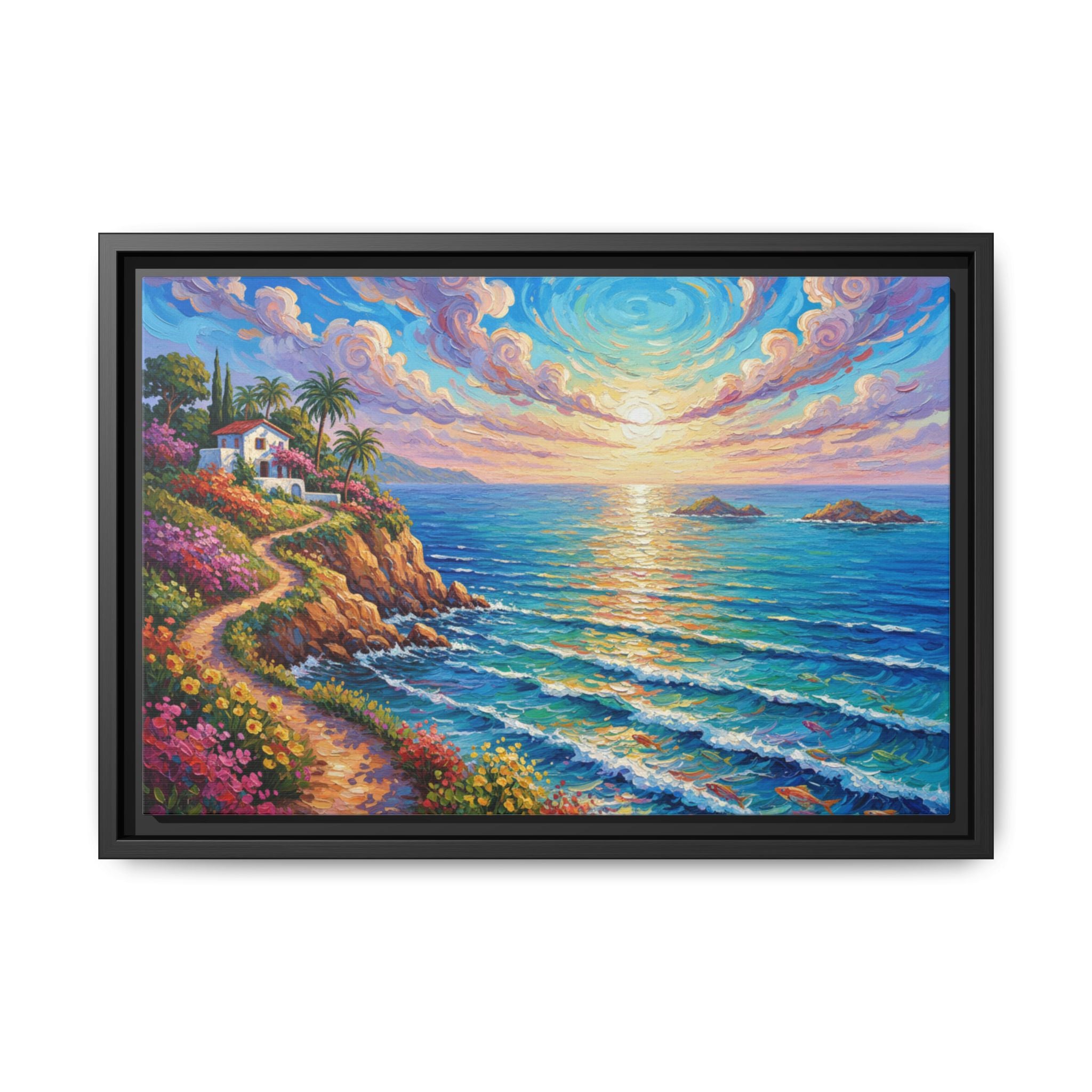 Ocean Floral Print Canvas | Bright Colorful Seascape Wall Art, Framed Matte Office Art Work