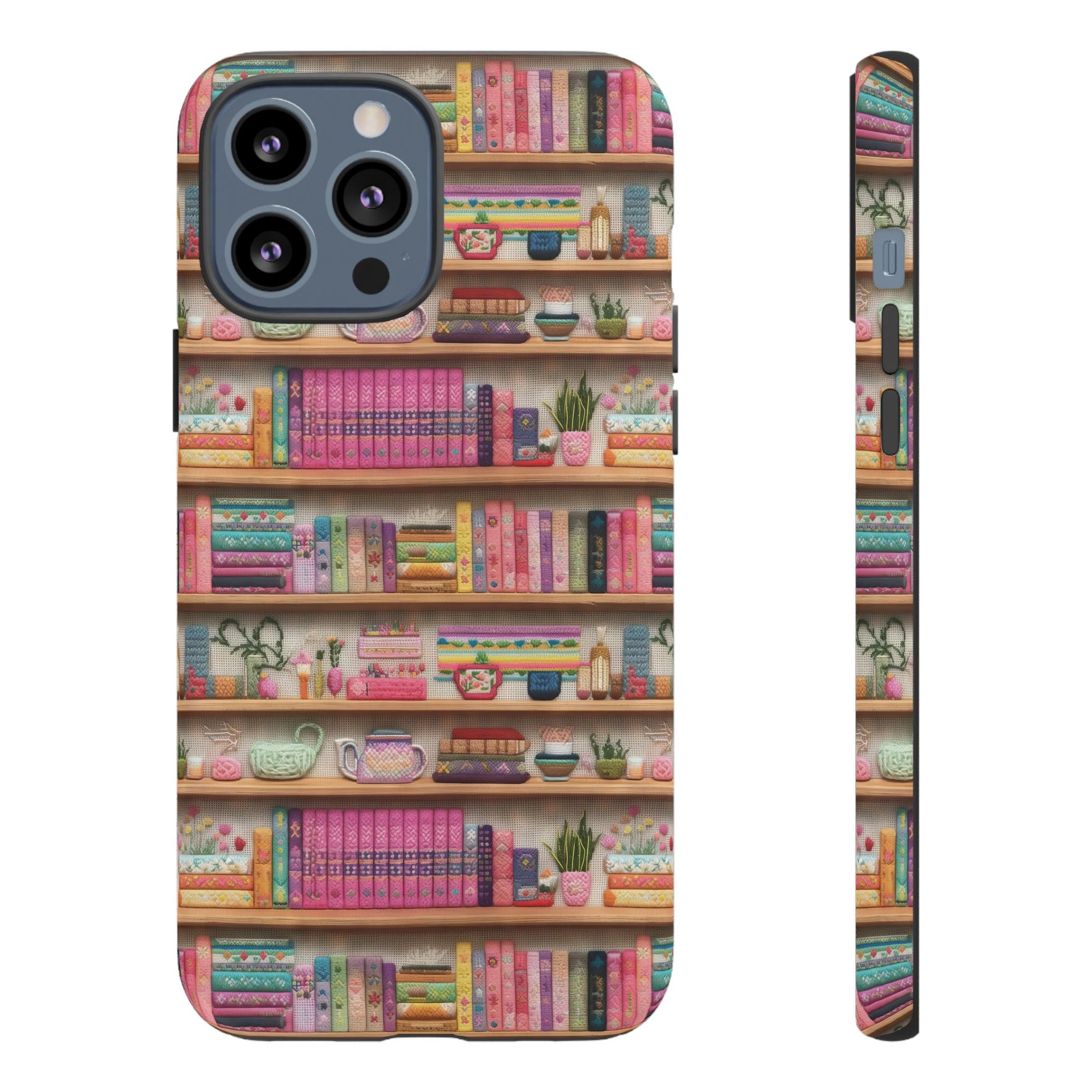 Whimsical 3D Embroidery Illusion Books on Pastel Shelves Phone Case for iPhone, Samsung & Pixel: Unique Accessory for Literary Enthusiasts Gift for Her Perfect for Floral Lover