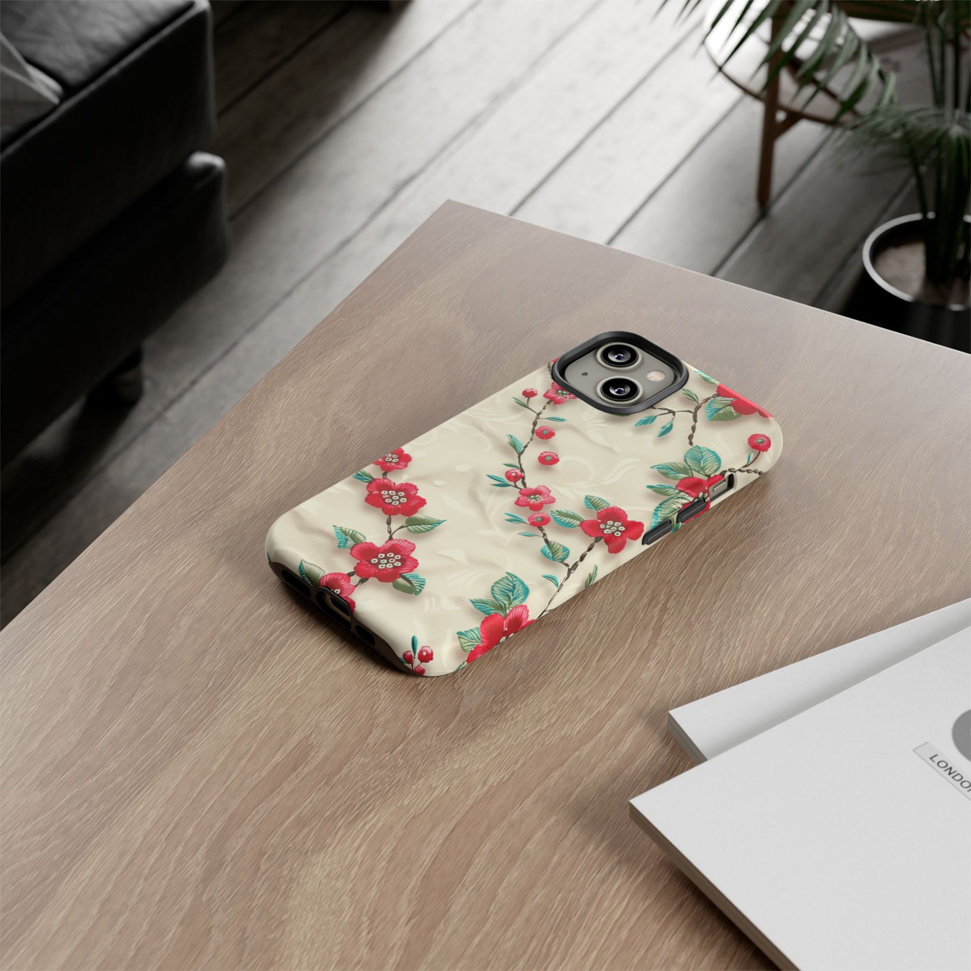 3D Embroidery Illusion Red Flowers Phone Case for iPhone, Samsung Pixel Artistic Floral Protection 15 14 13 12, 21 23 Gift for Her Perfect for Floral Lover