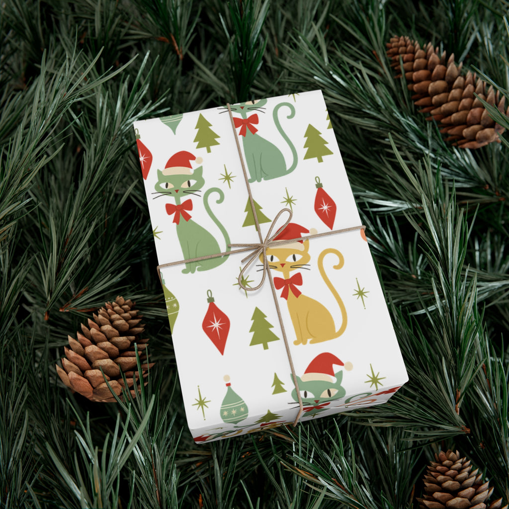 Christmas Atomic Cat Wrapping Paper, Retro Gift Wrap, Pastel Mid-Century Kitty Design, Vintage Holiday 30x20, 30x72, 30x144 Perfect for all Occasion