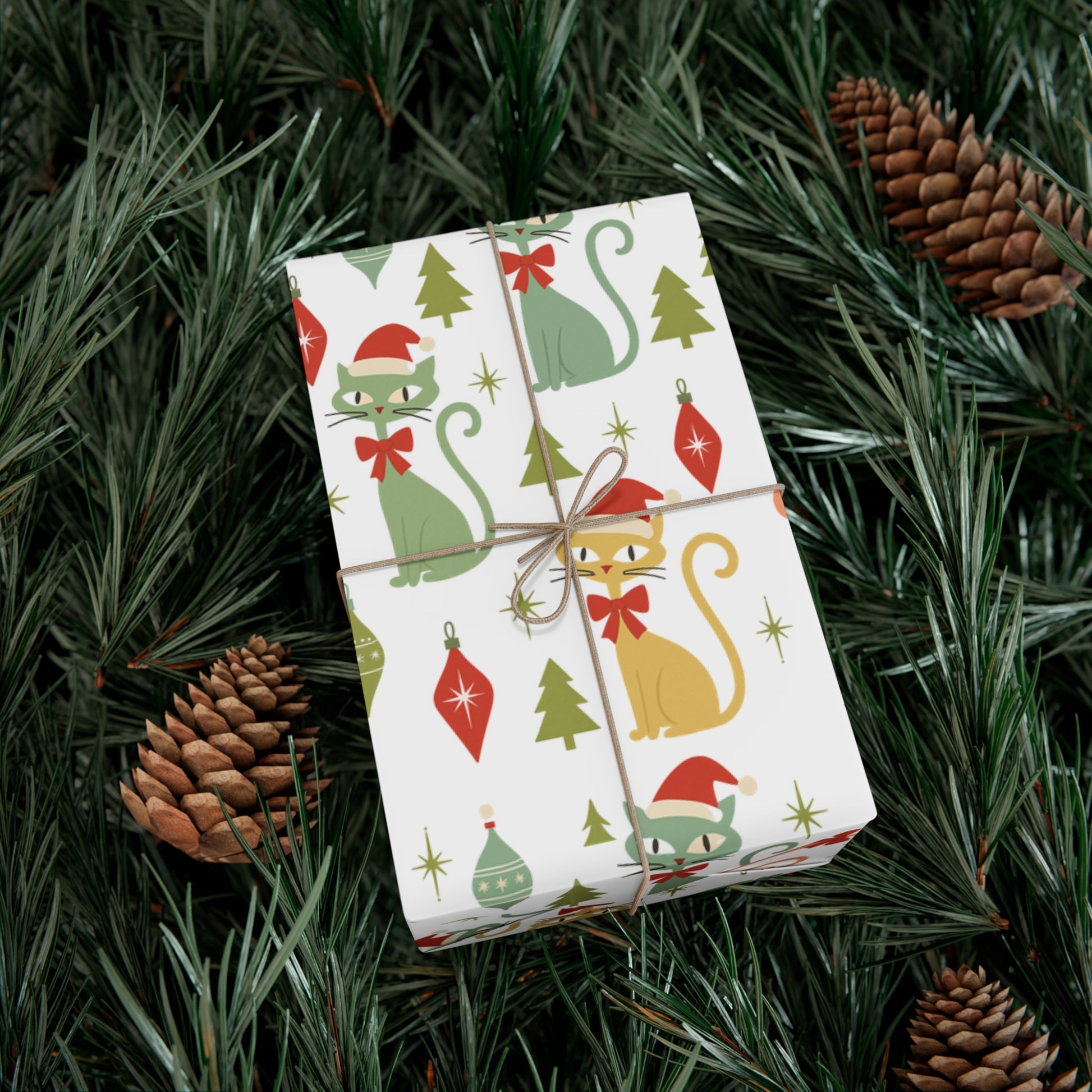 Christmas Atomic Cat Wrapping Paper, Retro Gift Wrap, Pastel Mid-Century Kitty Design, Vintage Holiday 30x20, 30x72, 30x144 Perfect for all Occasion