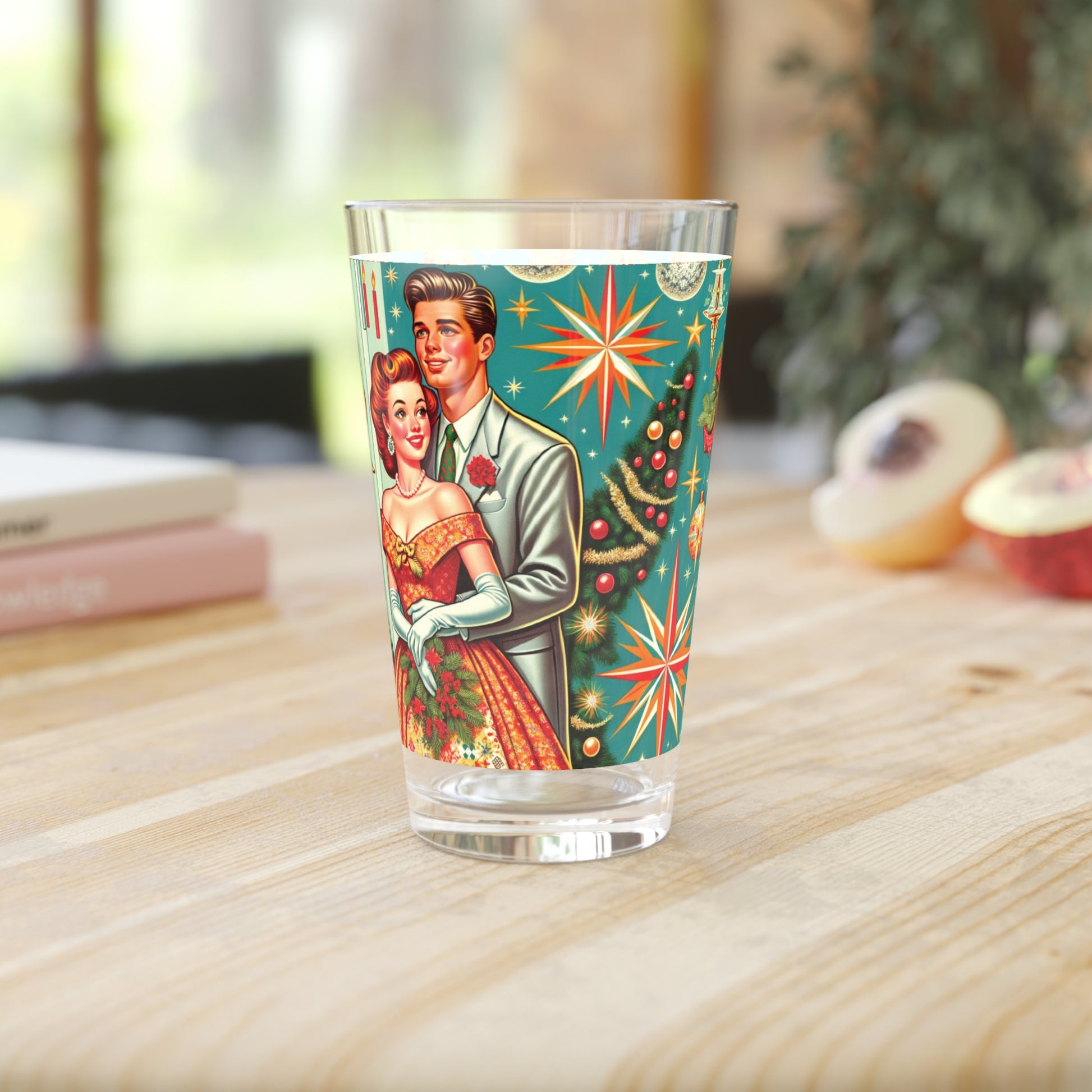 Retro Radiance 16 oz Pint Glass Featuring 50s Franciscan Diamond Starburst Kitsch Christmas Card Art Party Drinkware, Cocktail Glass Housewarming Perfect Gift Party Drinkware, Cocktail, Wedding Perfect for Parties - MRSBYVALLE