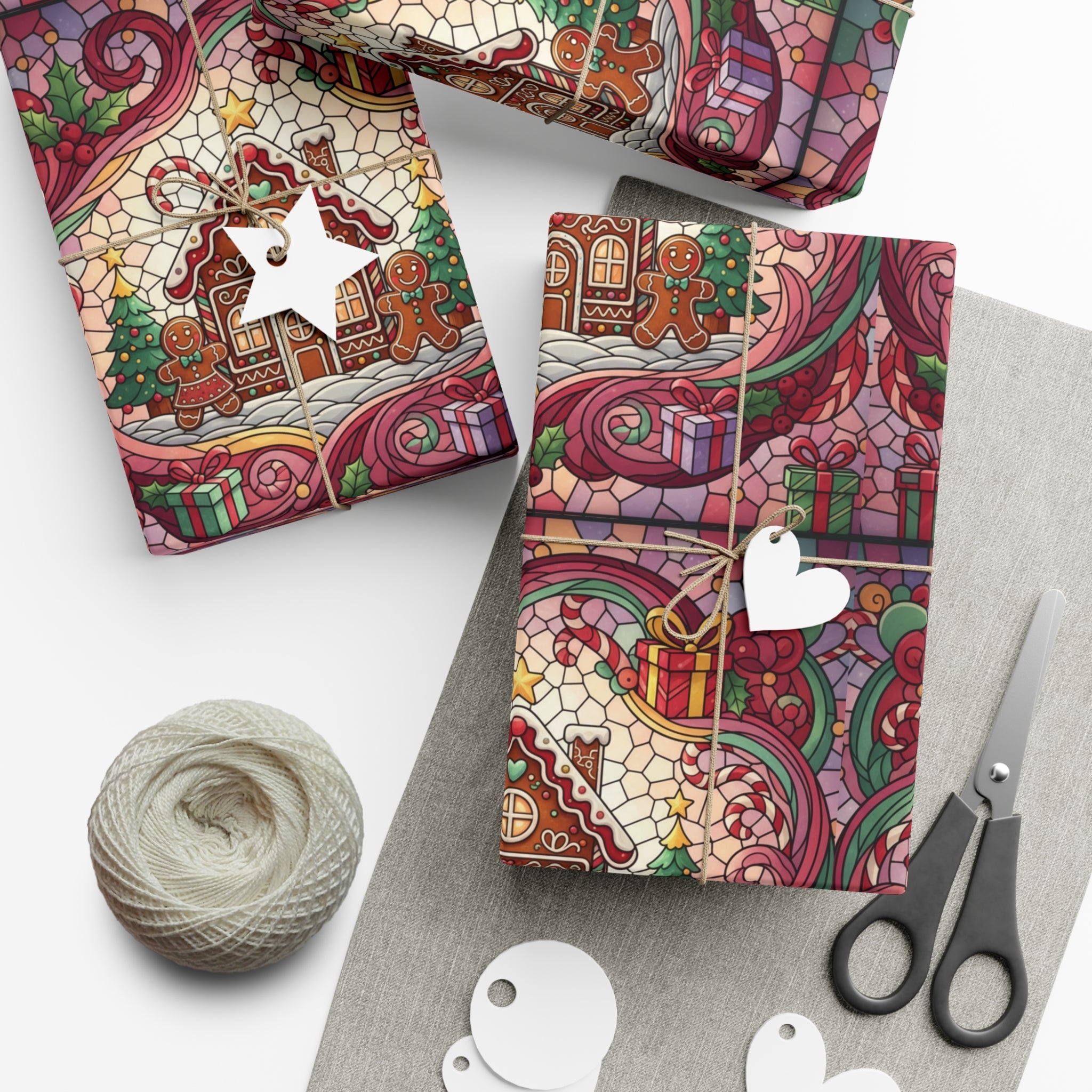 Stained Glass Gift Wrap Papers, Gingerbread House and Family Design - Wrapping Sheets, Festive Holiday Craft Supplies, Christmas Decoration