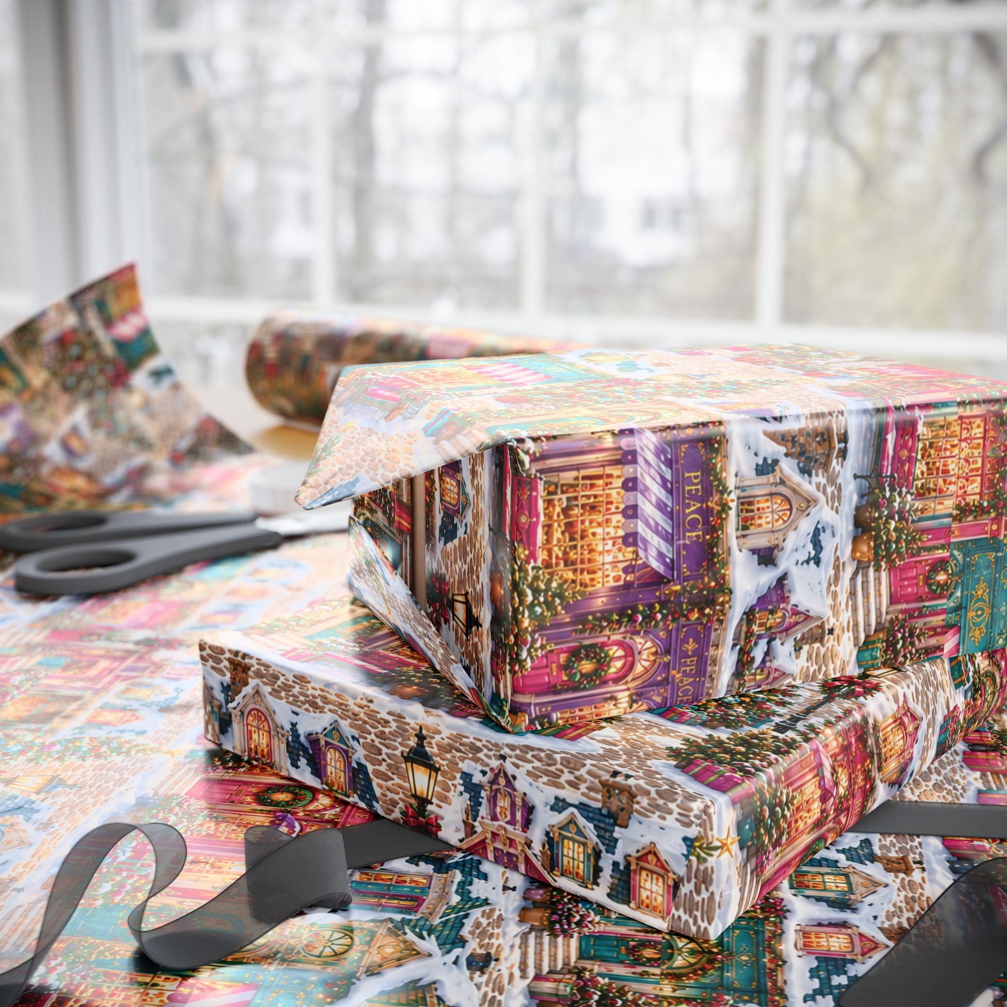 Christmas Village Wrapping Paper Roll  Festive Holiday Gift Wrap