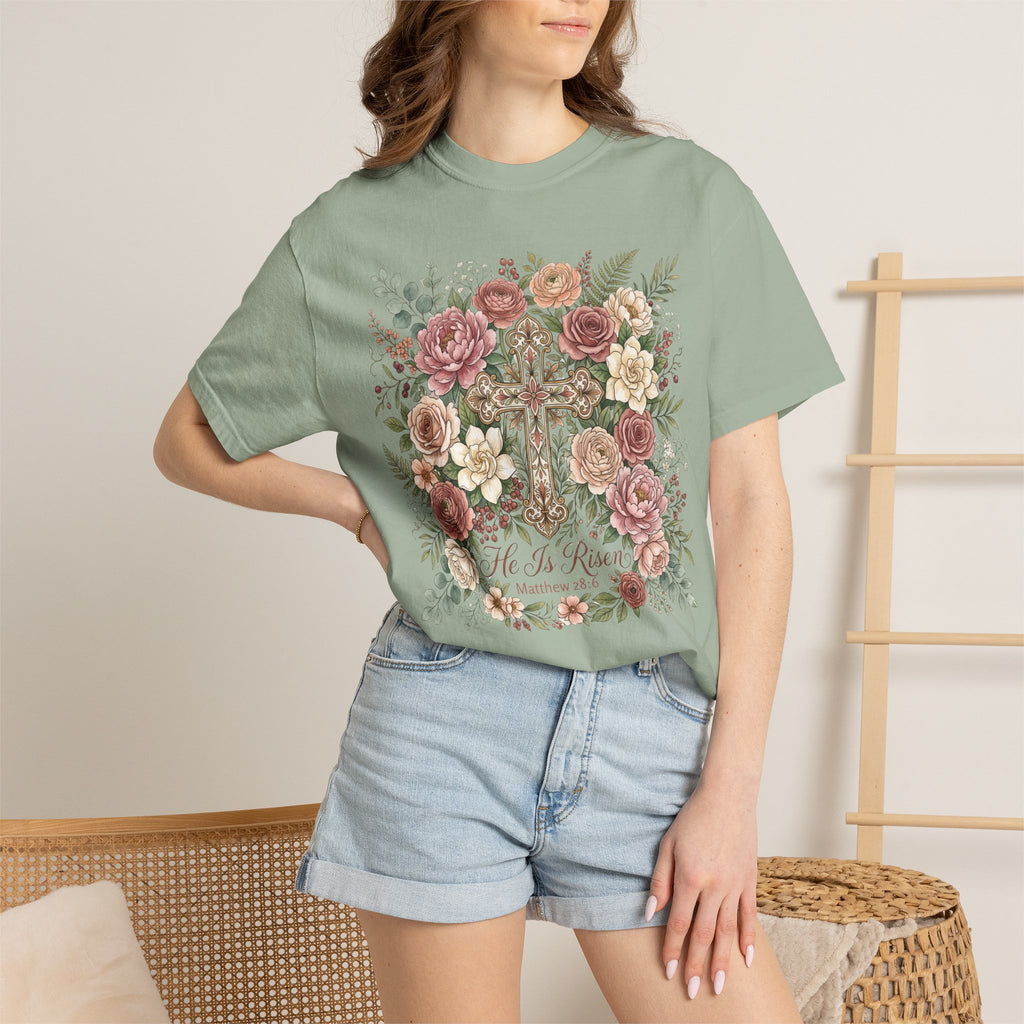 He Is Risen Floral Cross T-Shirt Christian Gift