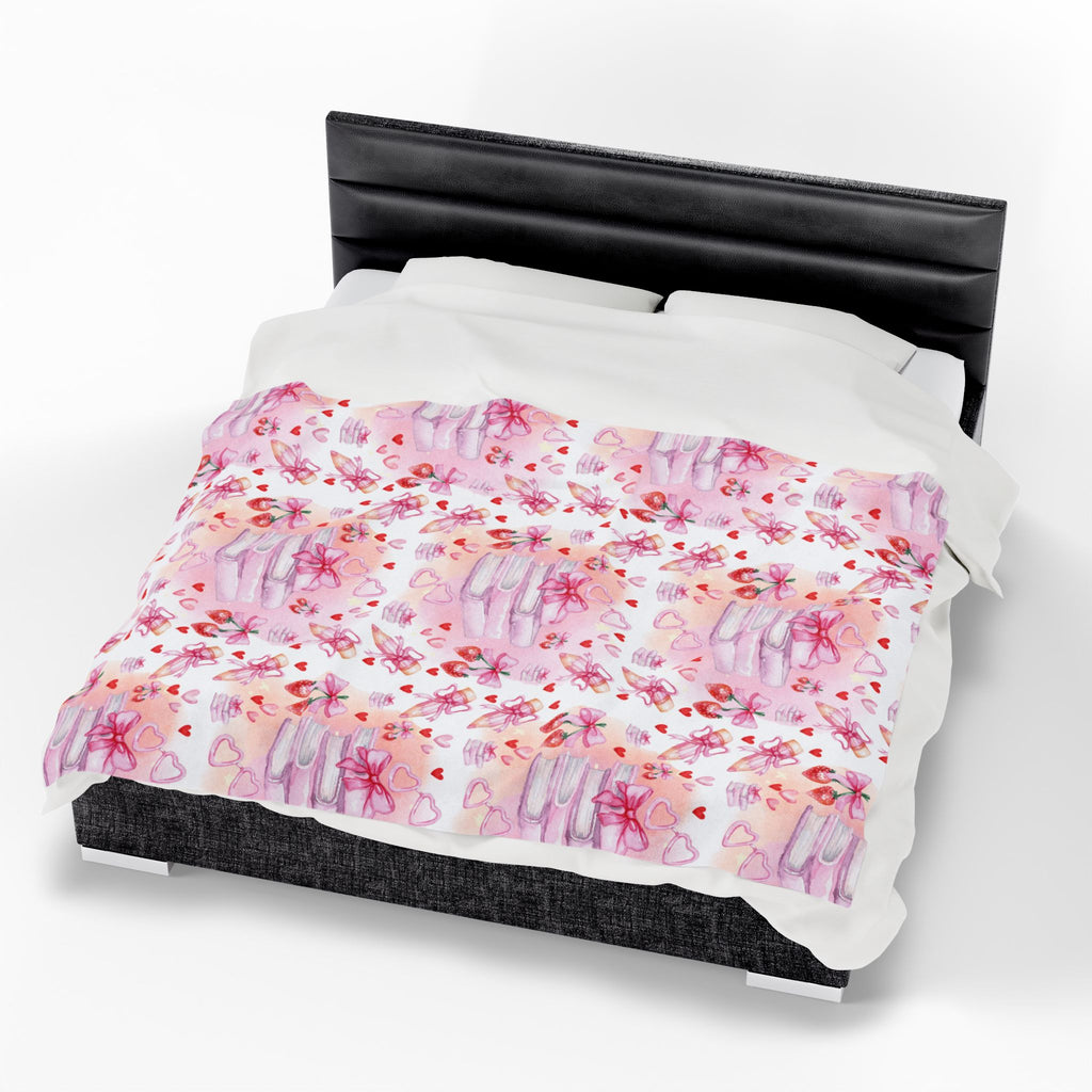 Romantic Pink Watercolor Books Bows Velveteen Plush Blanket Cozy Book Nook